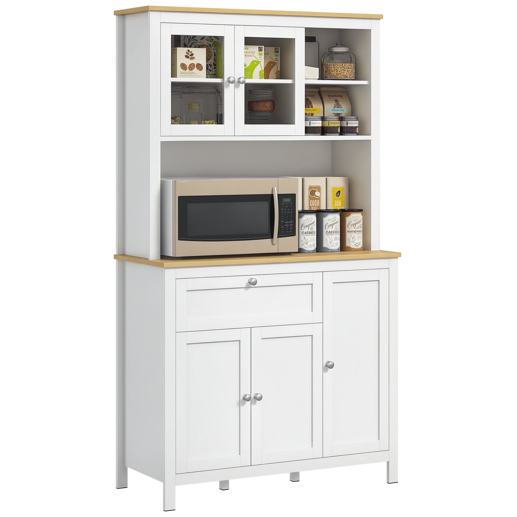 Armoire de cuisine, buffet cuisine avec plan de travail, vaisselier large avec 3 placards, tiroir, niches, passe-câble, étagères réglables et portes vitrées, style moderne, 100x40x180 cm, blanc