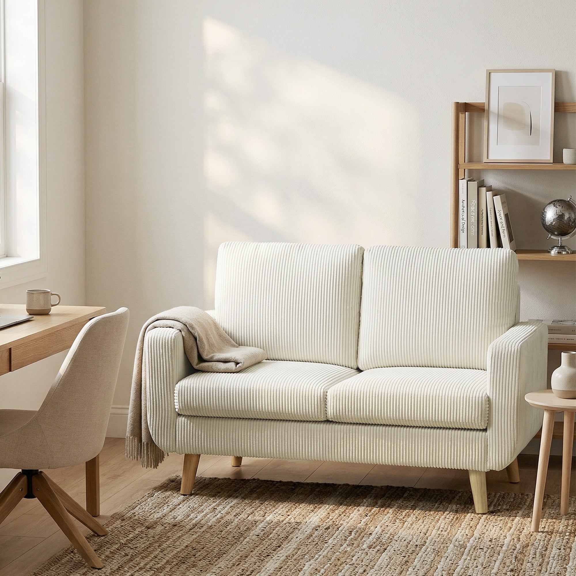 Canapé 2 places en velours côtelé, canapé de salon moderne 134 cm, assise rembourrée, coussin à ressorts, dossier épais, pieds en bois d'hévéa, pour chambre, appartement, petit espace, crème