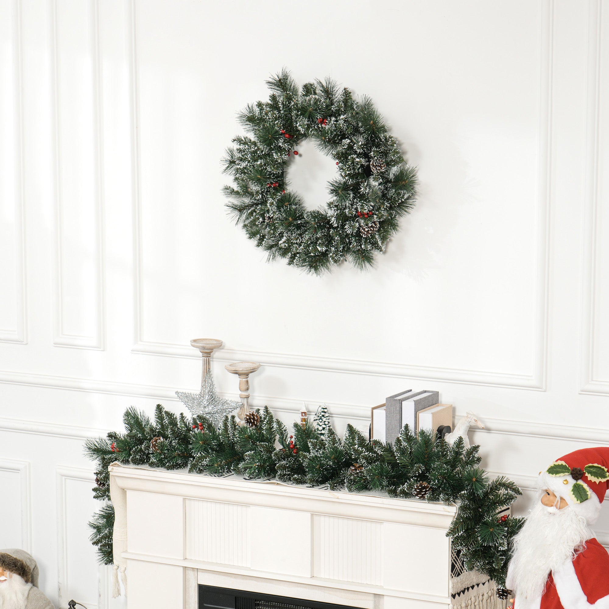 Couronne de Noël porte artificielle 60 CM décoration de Noël lumineuse avec pommes de pin et grappes de baies, lumières LED et minuterie, pour porte, fenêtre ou cheminée, vert