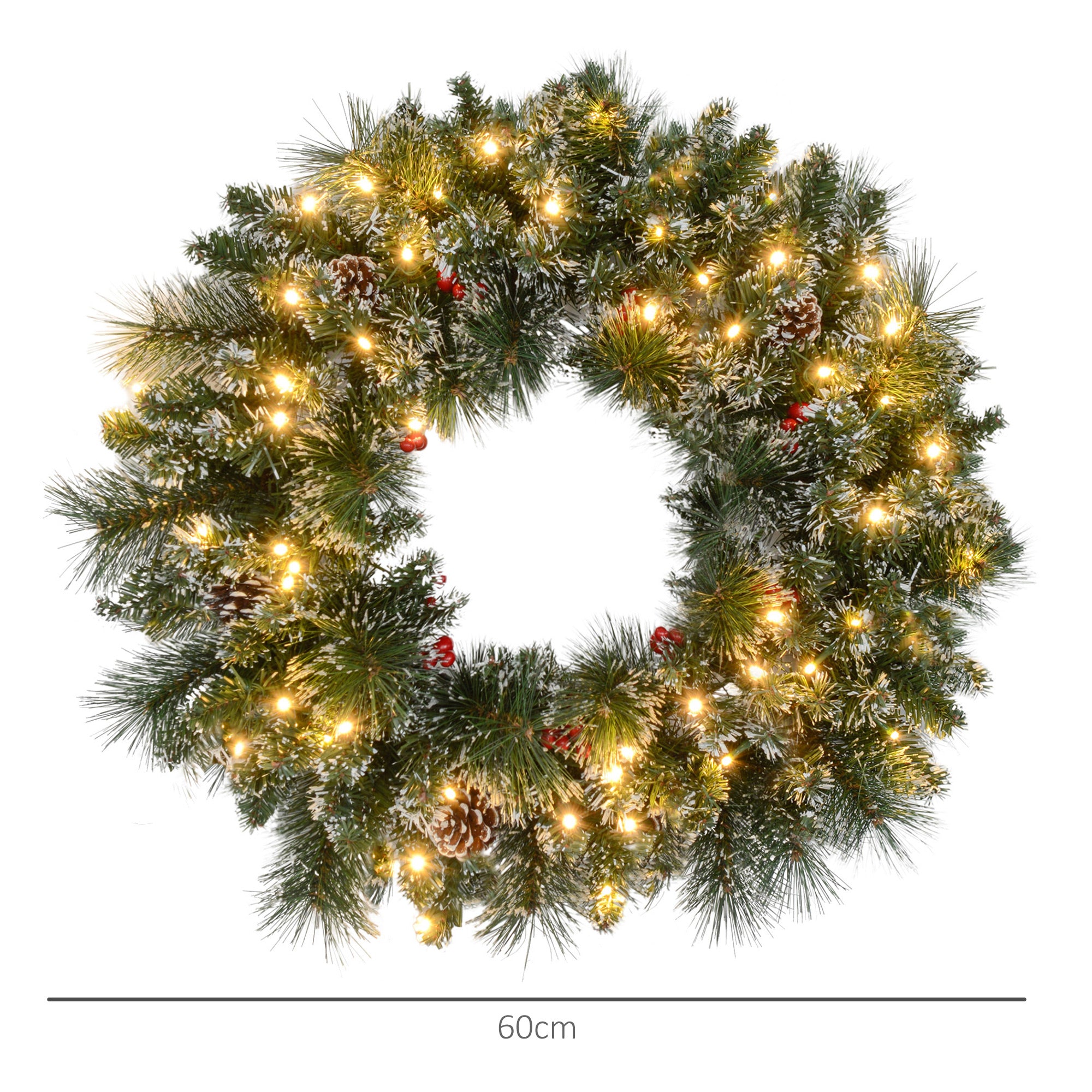 Couronne de Noël porte artificielle 60 CM décoration de Noël lumineuse avec pommes de pin et grappes de baies, lumières LED et minuterie, pour porte, fenêtre ou cheminée, vert