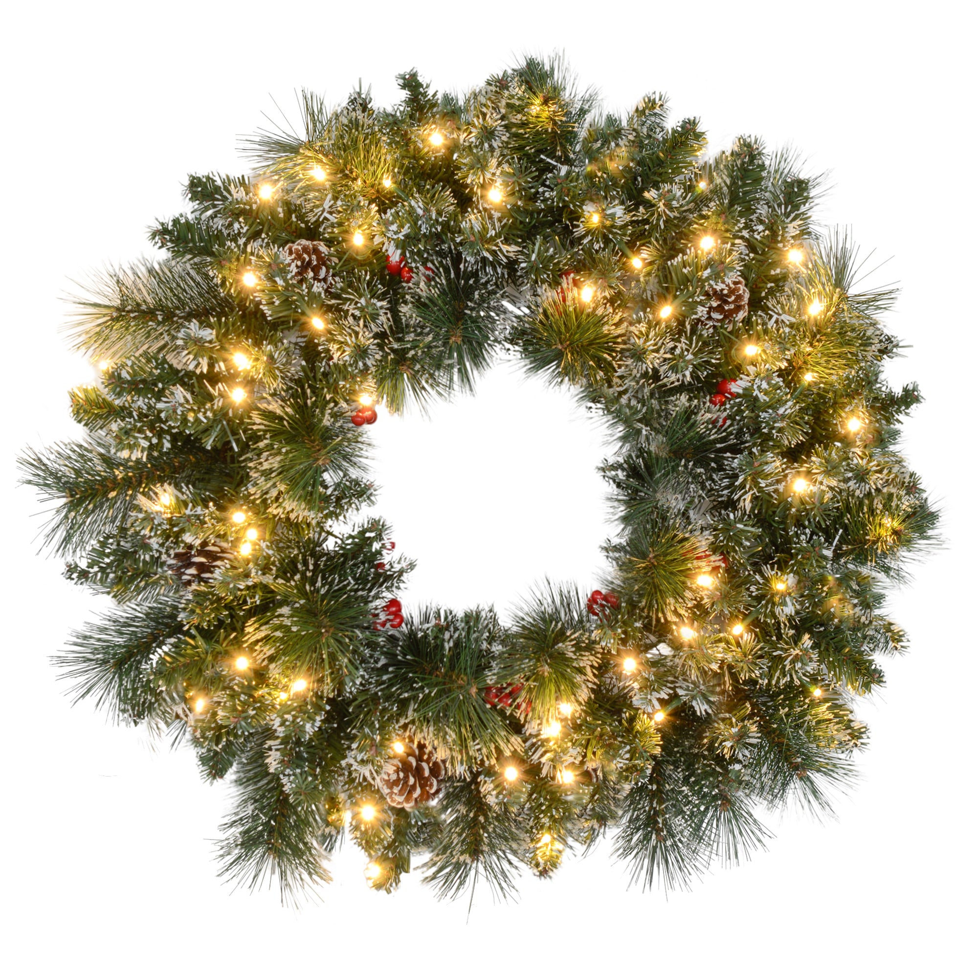 Couronne de Noël porte artificielle 60 CM décoration de Noël lumineuse avec pommes de pin et grappes de baies, lumières LED et minuterie, pour porte, fenêtre ou cheminée, vert