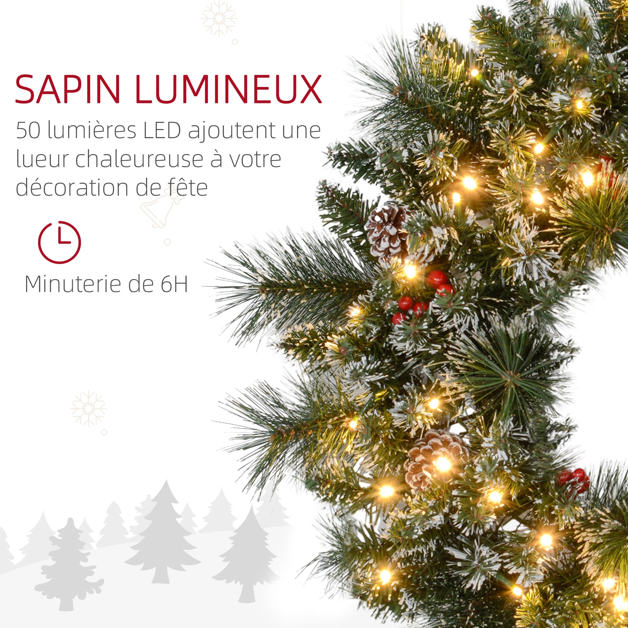 Couronne de Noël porte artificielle 60 CM décoration de Noël lumineuse avec pommes de pin et grappes de baies, lumières LED et minuterie, pour porte, fenêtre ou cheminée, vert