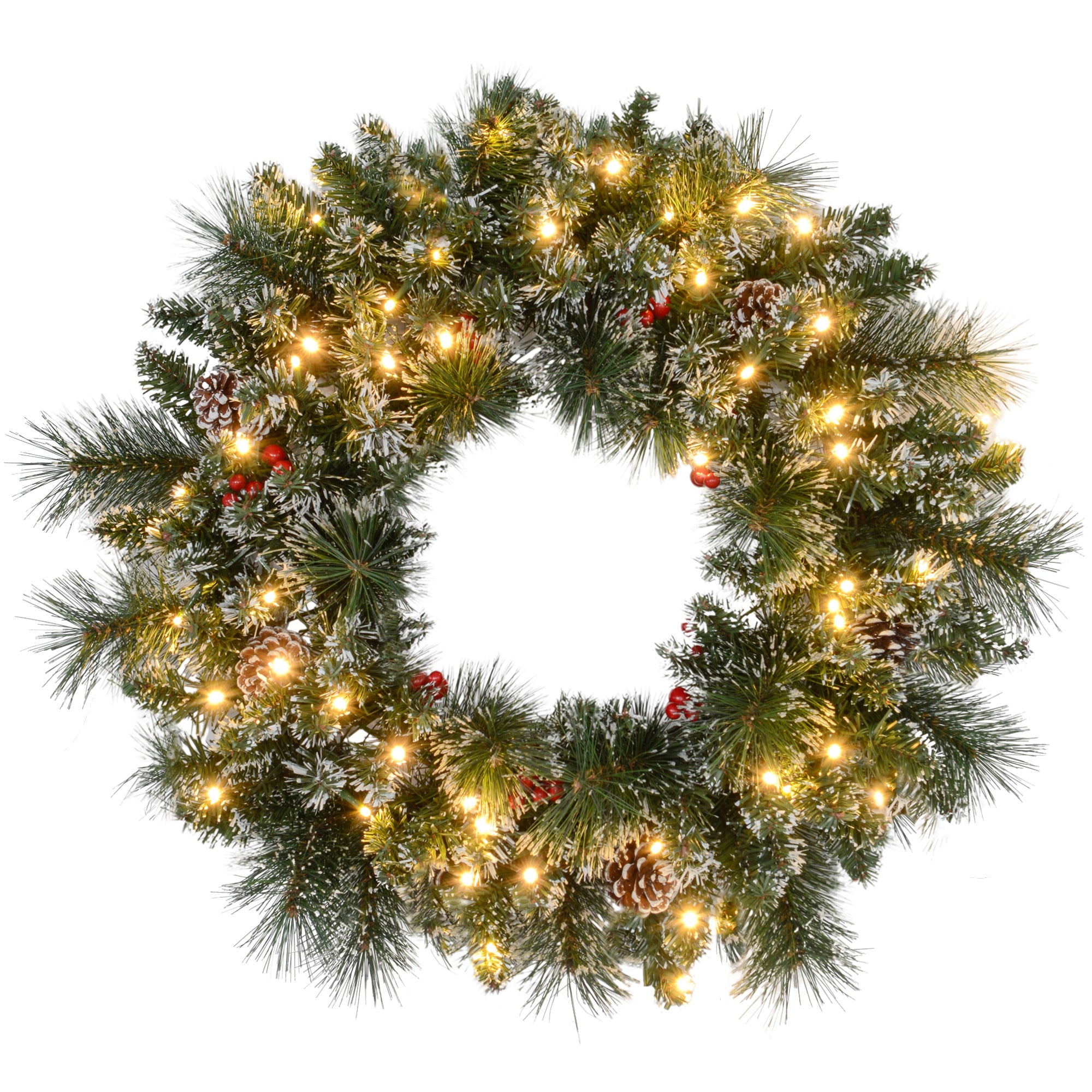 Couronne de Noël porte artificielle 60 CM décoration de Noël lumineuse avec pommes de pin et grappes de baies, lumières LED et minuterie, pour porte, fenêtre ou cheminée, vert