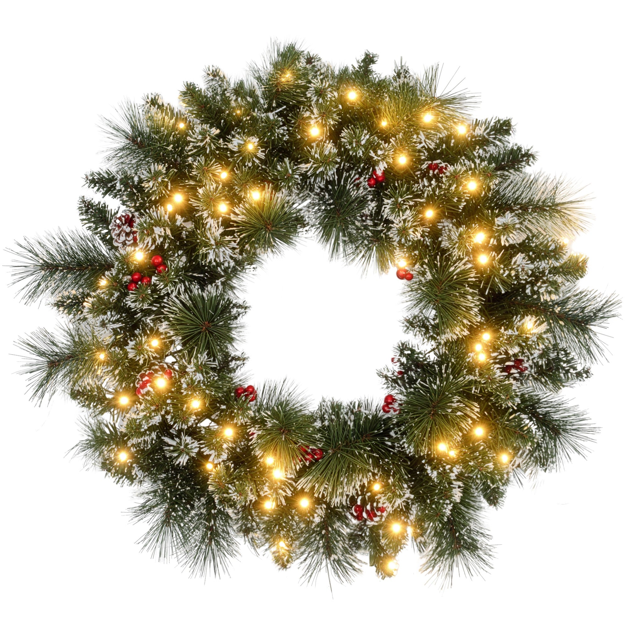 Couronne de Noël porte artificielle 60 CM décoration de Noël lumineuse avec pommes de pin et grappes de baies, lumières LED et minuterie, pour porte, fenêtre ou cheminée, vert