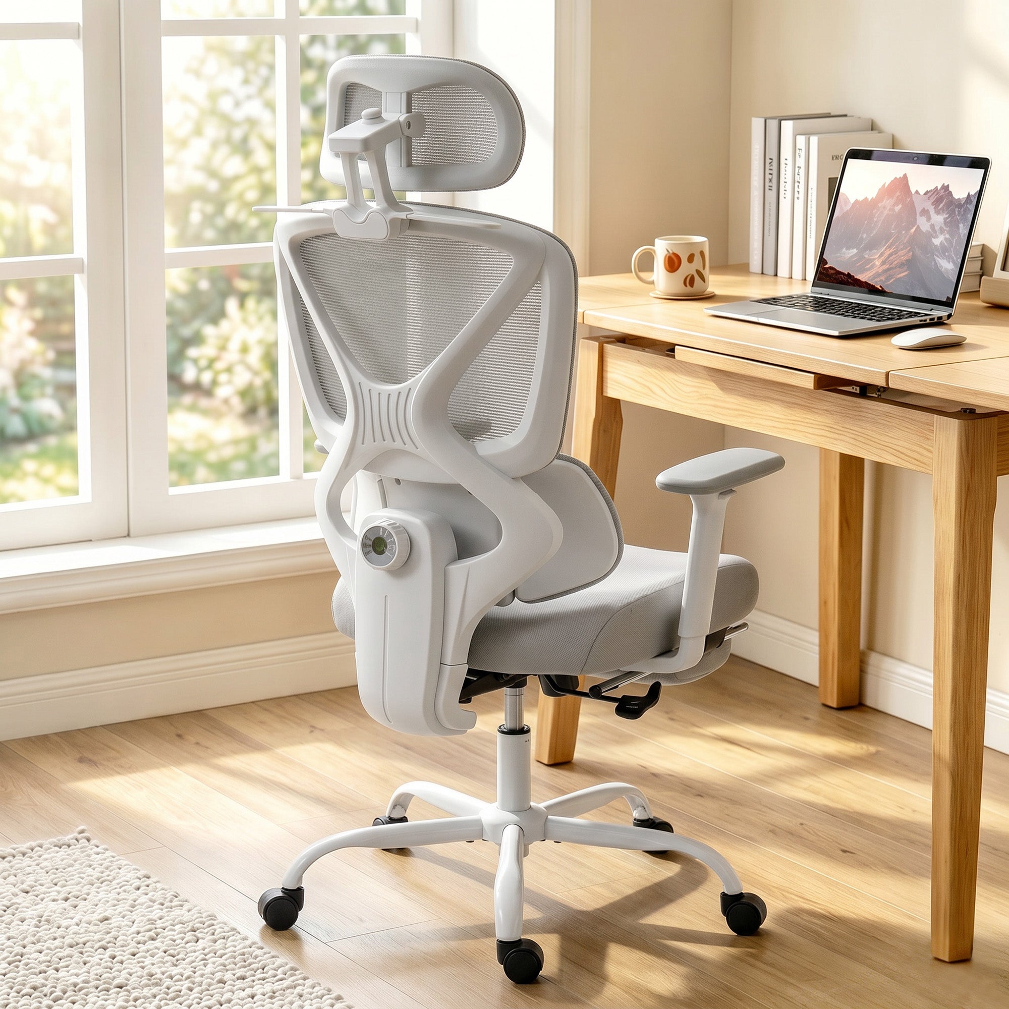 Chaise bureau ergonomique, fauteuil de bureau avec soutien lombaire dynamique adaptatif, accoudoirs 3D, dossier inclinable, hauteur et appui-tête réglables, repose-pieds, pivotant à 360°, gris