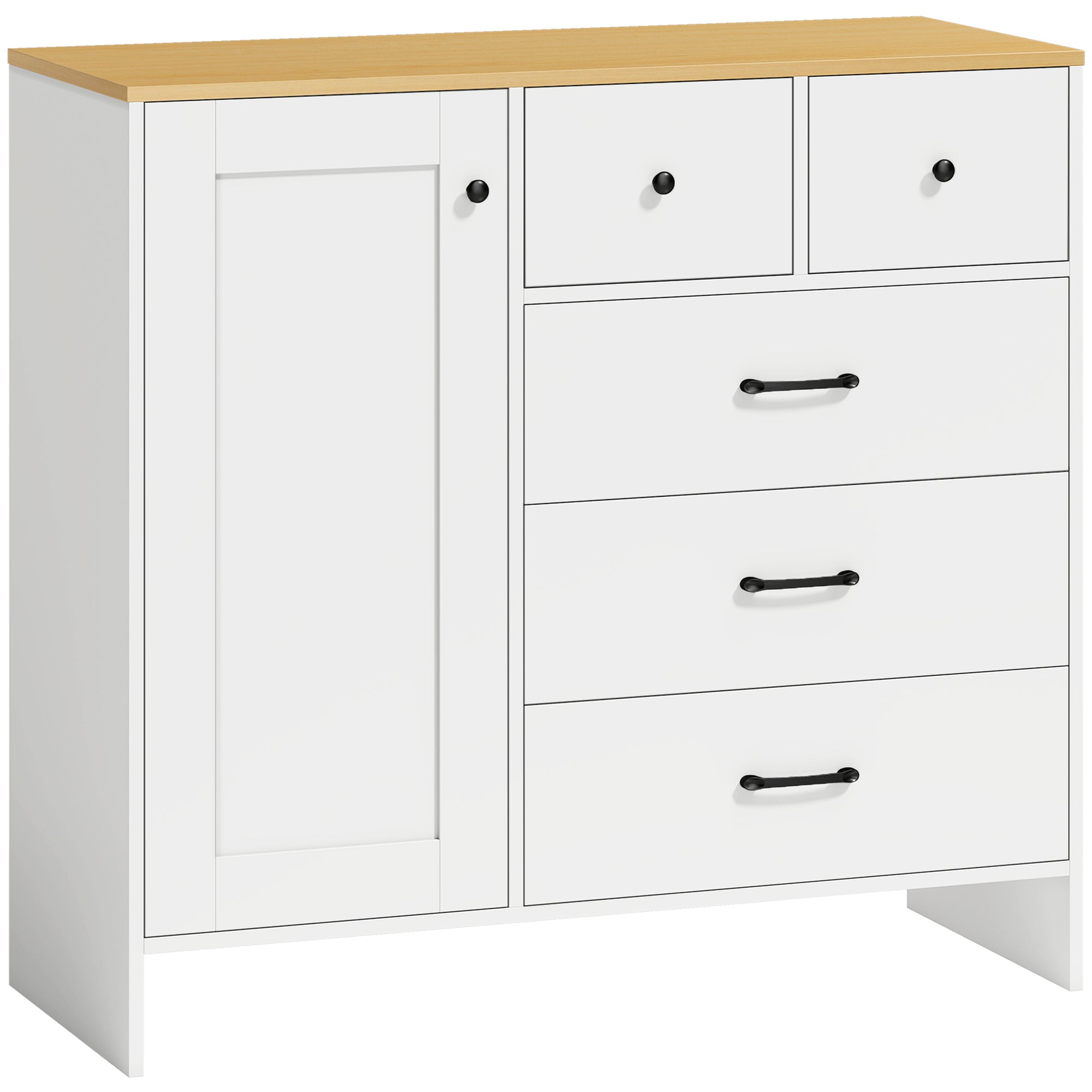 Buffet Cuisine, Meuble de Rangement avec 5 Tiroirs et Porte, Style Rustique, Meuble TV, Buffet Salle à Manger, Salon et Chambre, 100 x 40 x 94 cm, Blanc