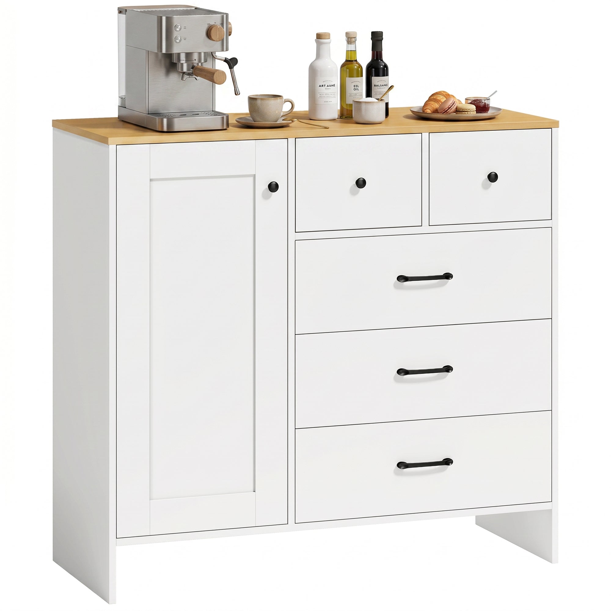 Buffet Cuisine, Meuble de Rangement avec 5 Tiroirs et Porte, Style Rustique, Meuble TV, Buffet Salle à Manger, Salon et Chambre, 100 x 40 x 94 cm, Blanc