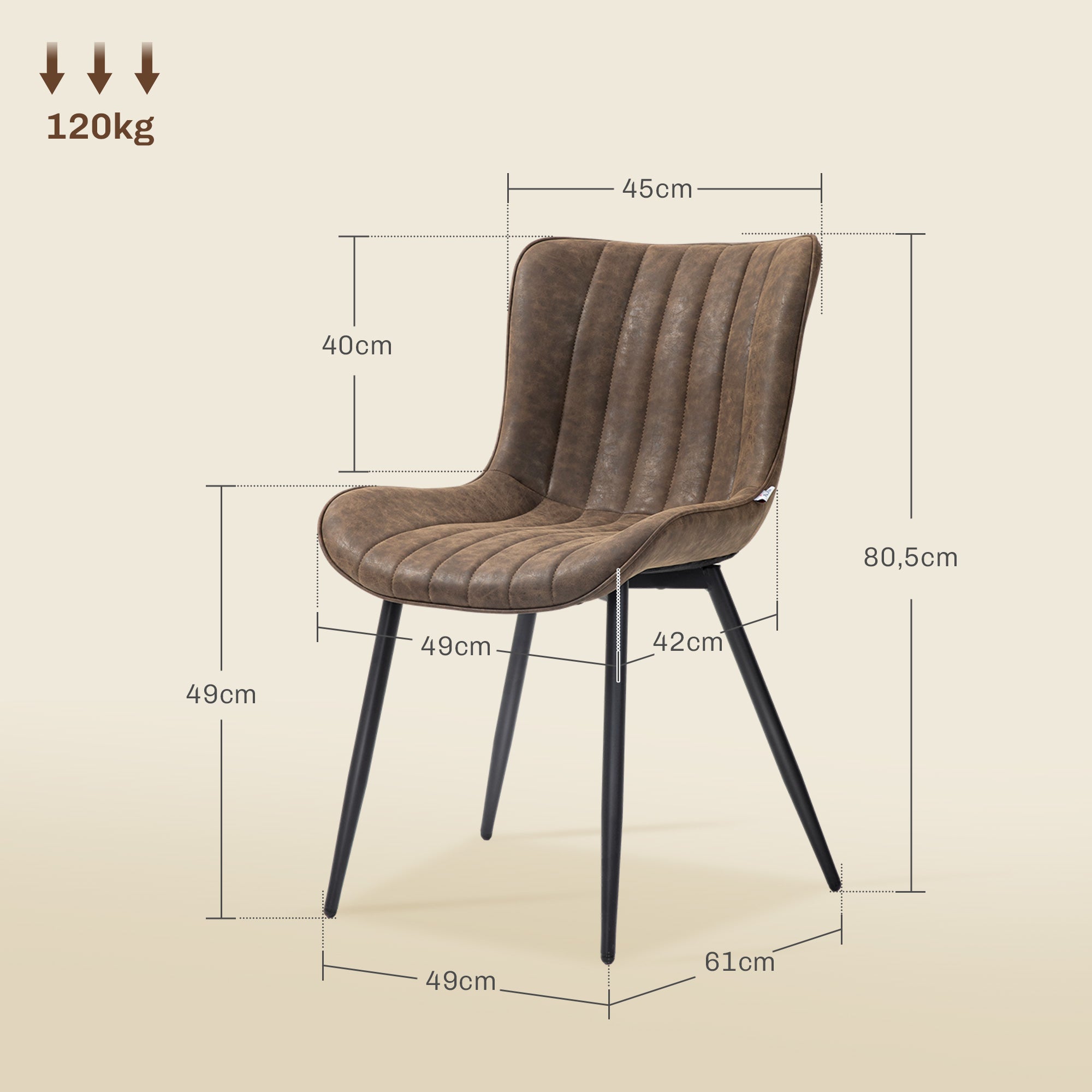 Lot de 2 chaises salle à manger chaise de cuisine moderne en revêtement synthétique avec design capitonné et pieds en métal, pour salon, salle à manger, chambre à coucher, marron