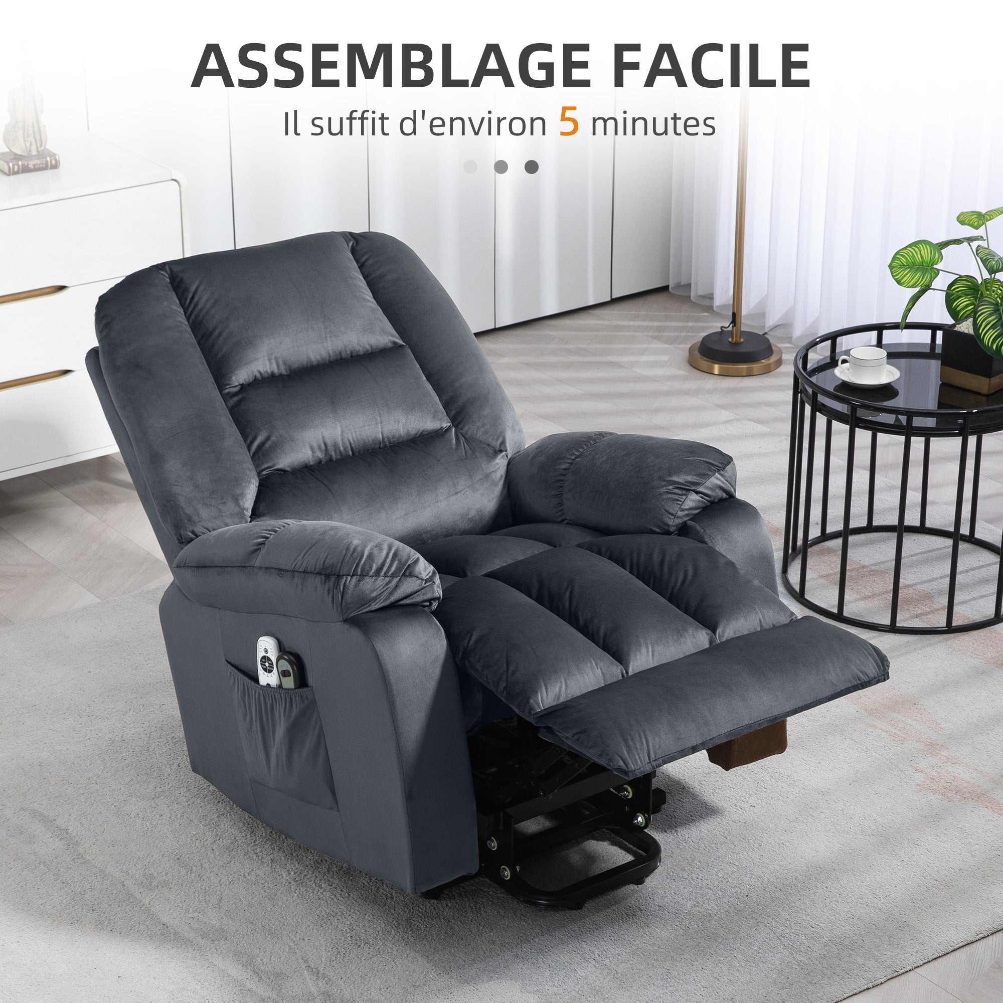Fauteuil releveur électrique, fauteuil relax électrique, assemblage facile, 8 points de massage vibrants, chauffant, revêtement en imitation velours, 2 télécommandes, gris