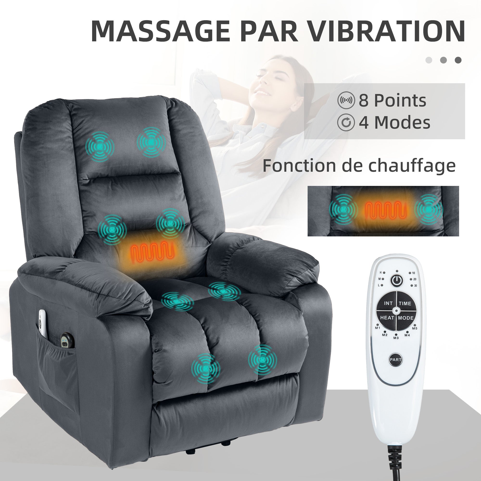 Fauteuil releveur électrique, fauteuil relax électrique, assemblage facile, 8 points de massage vibrants, chauffant, revêtement en imitation velours, 2 télécommandes, gris