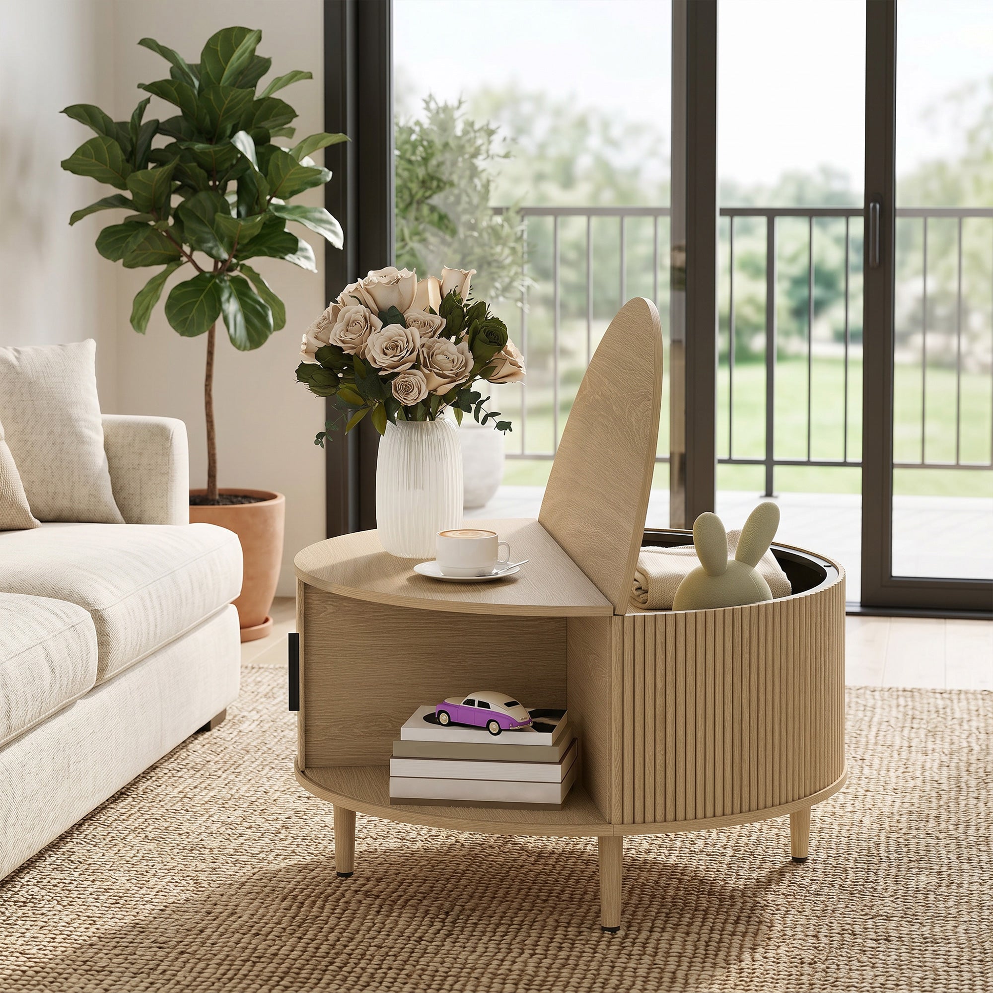 Table Basse Ronde Ø 80 cm, Table de Salon avec Plateau Relevable et Porte Coulissante à Rainures, Base en Tambour, Style Moderne, pour Chambre, Séjour e Bureau, Effet Bois Naturel