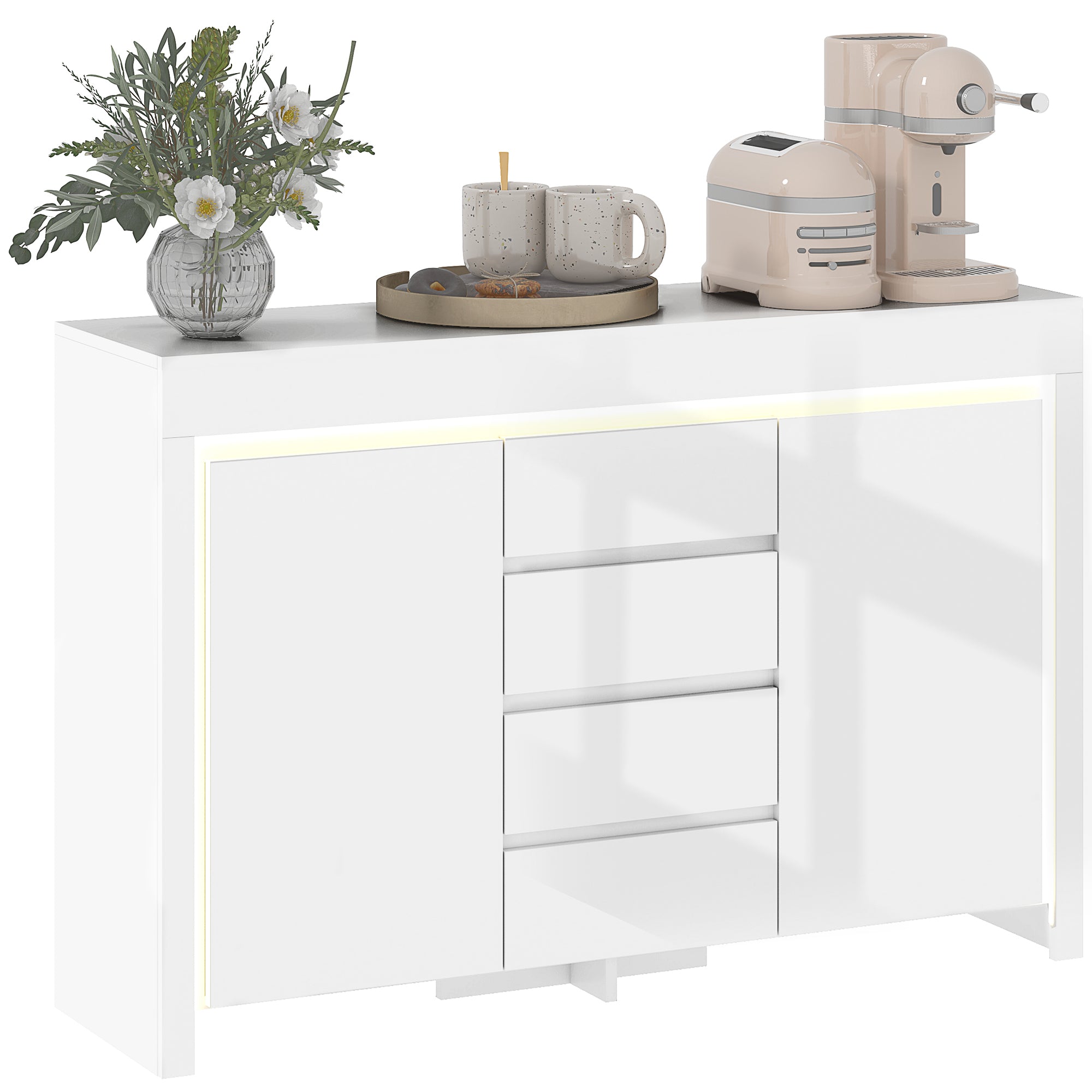 Buffet salon, meuble de rangement avec éclairage LED 4 tiroirs portes à fermeture douce et étagères réglables, style moderne, buffet salle à manger et cuisine, 120 x 34 x 80 cm, blanc brillant