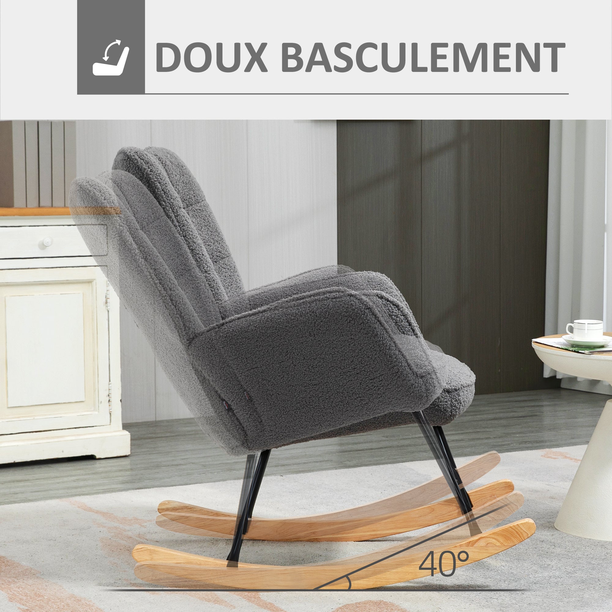 Fauteuil à bascule, rocking chair, revêtement bouclette, fauteuil allaitement, chaise à bascule, structure en acier, pieds en bois massif, gris foncé