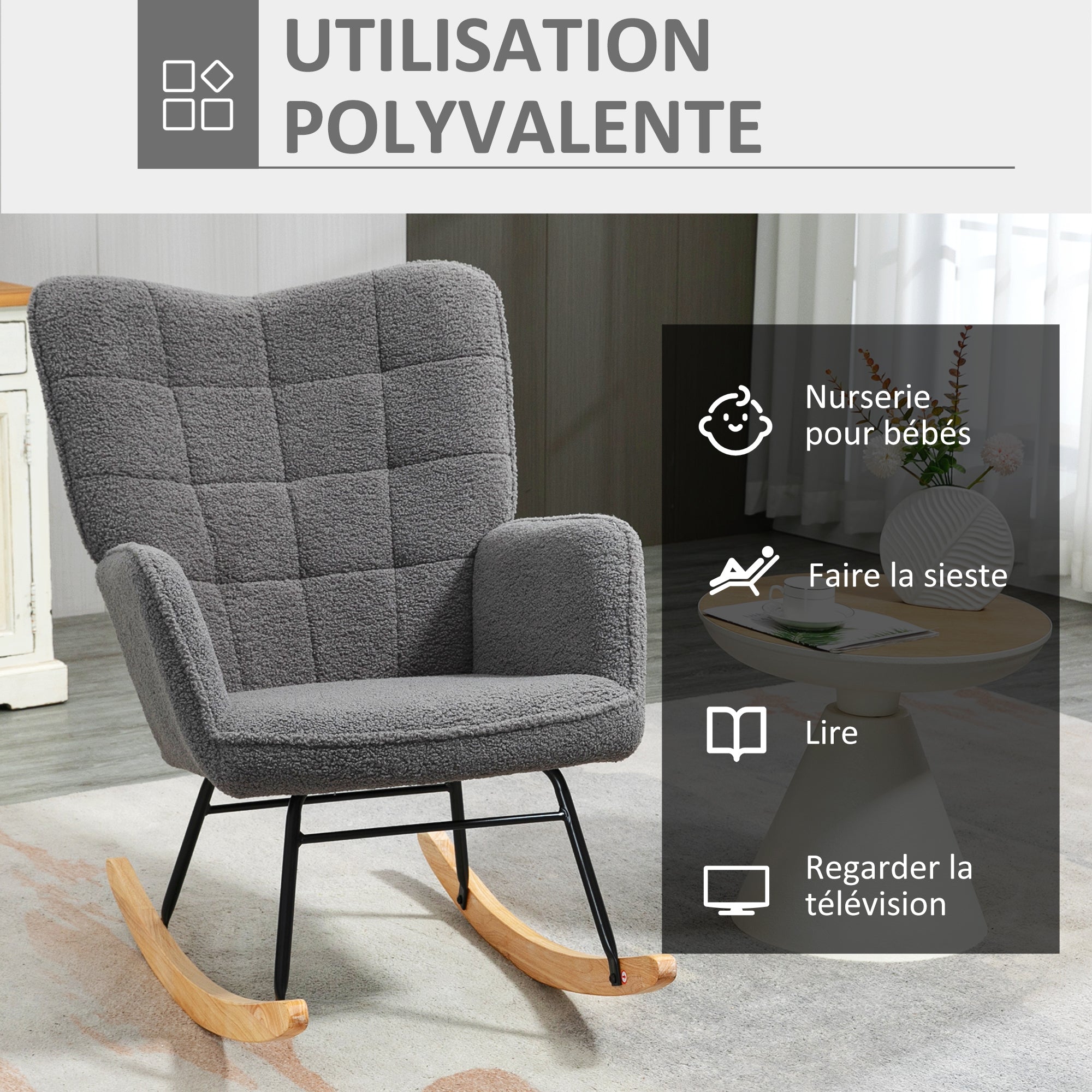 Fauteuil à bascule, rocking chair, revêtement bouclette, fauteuil allaitement, chaise à bascule, structure en acier, pieds en bois massif, gris foncé