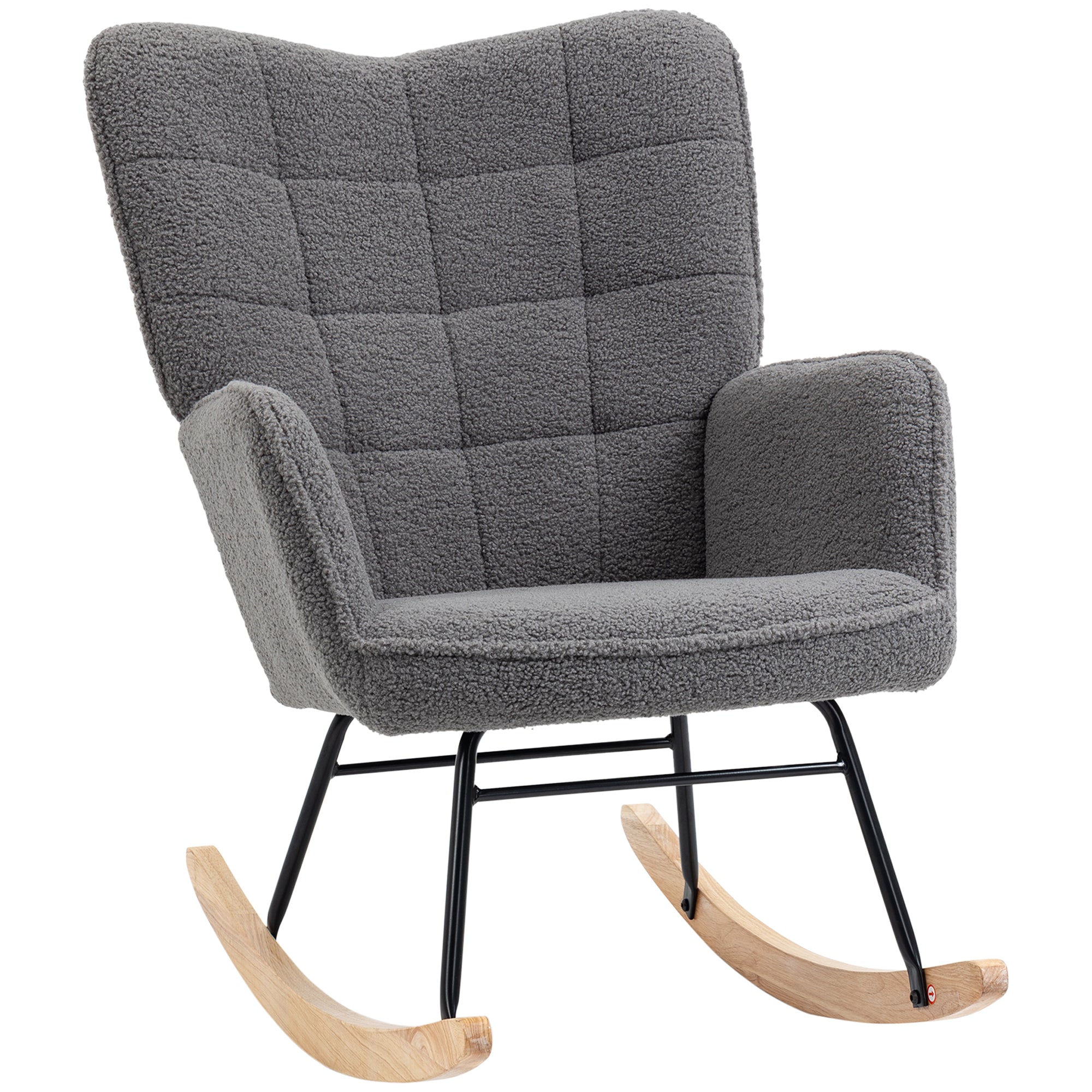 Fauteuil à bascule, rocking chair, revêtement bouclette, fauteuil allaitement, chaise à bascule, structure en acier, pieds en bois massif, gris foncé