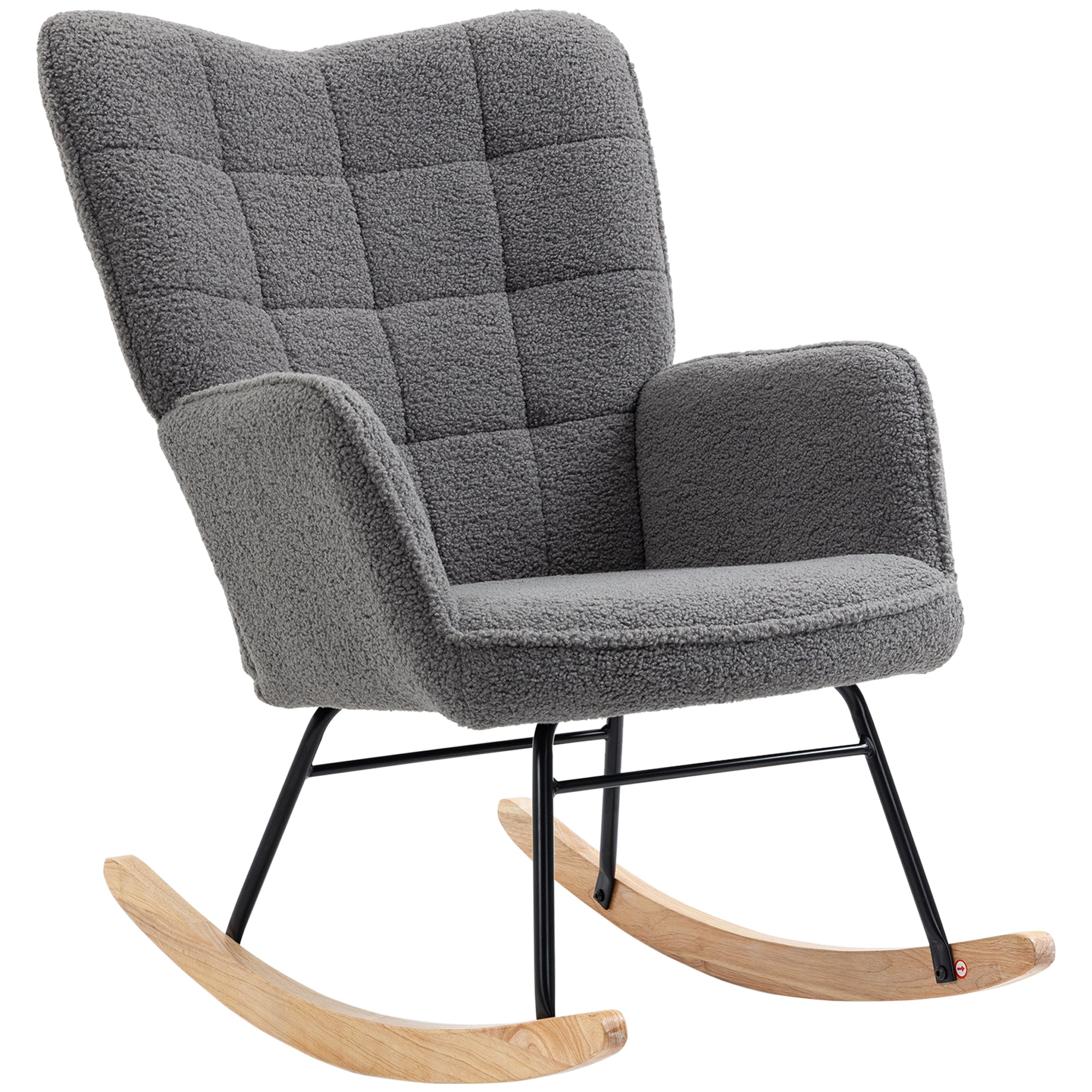 Fauteuil à bascule, rocking chair, revêtement bouclette, fauteuil allaitement, chaise à bascule, structure en acier, pieds en bois massif, gris foncé