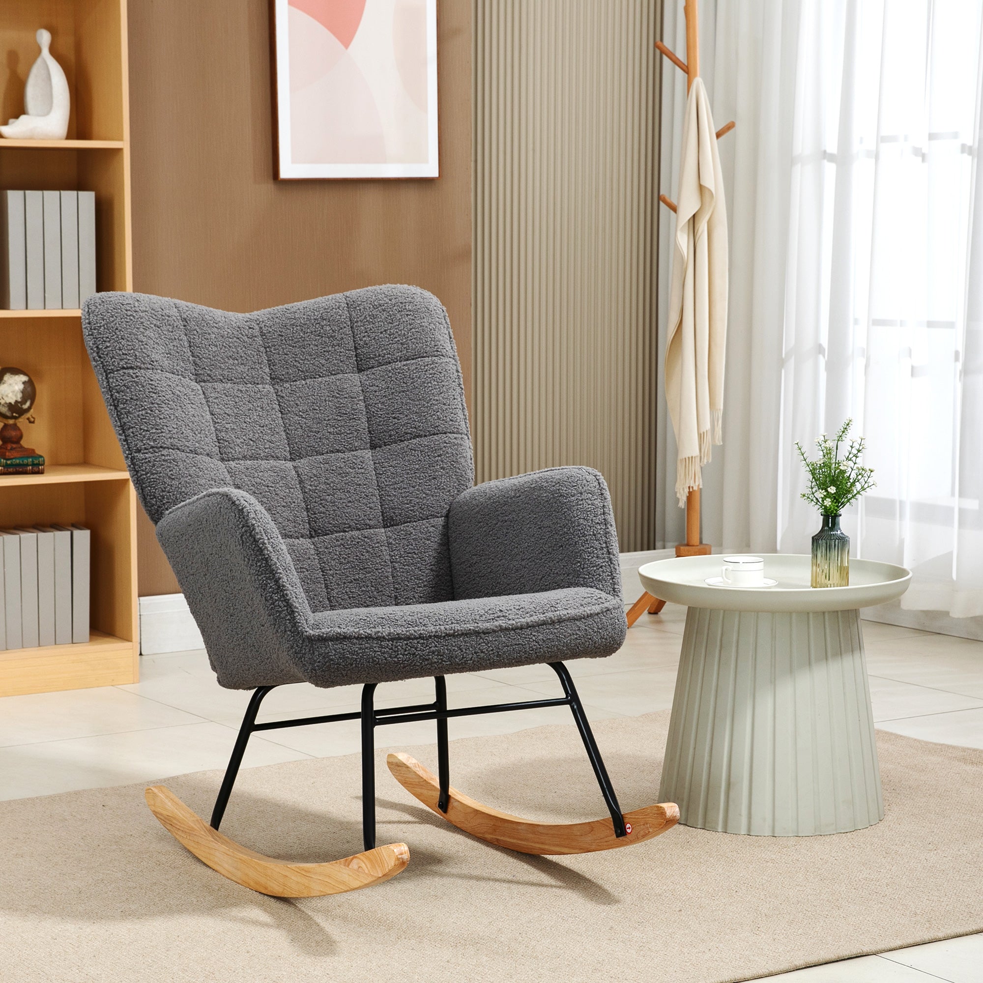 Fauteuil à bascule, rocking chair, revêtement bouclette, fauteuil allaitement, chaise à bascule, structure en acier, pieds en bois massif, gris foncé