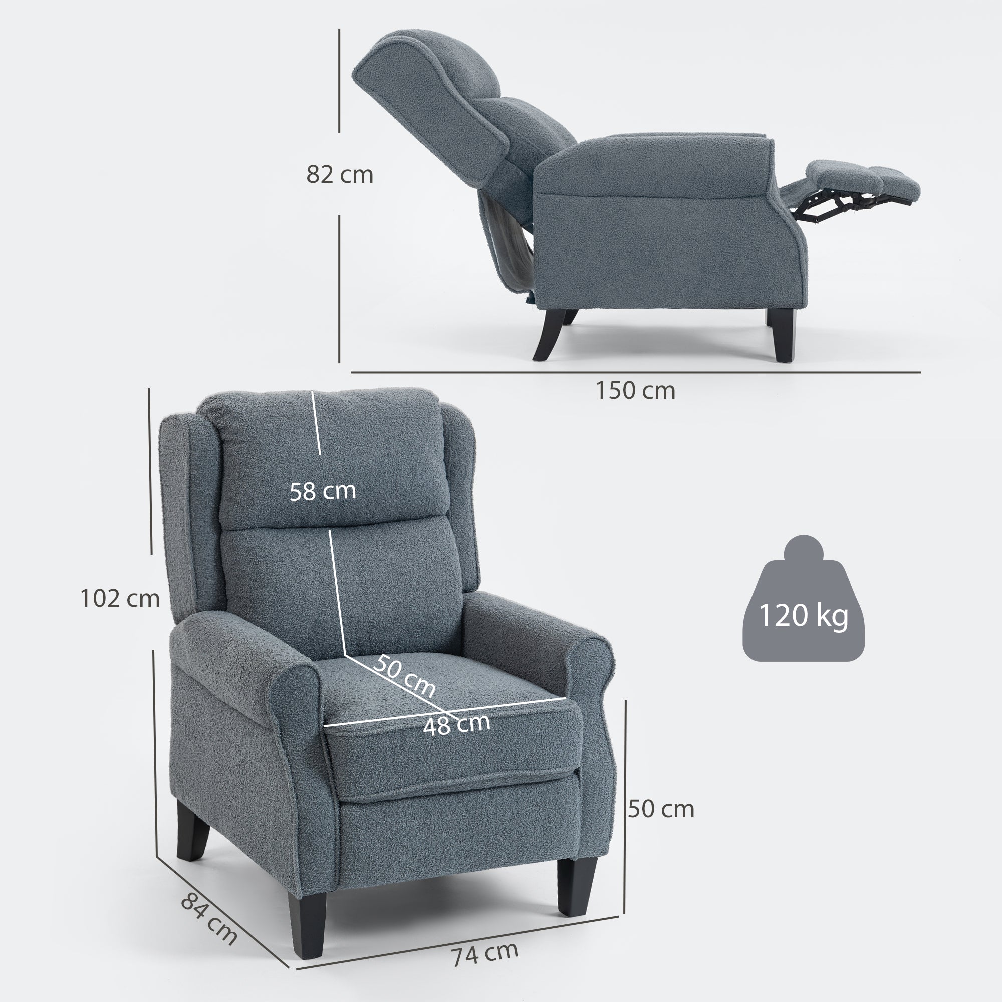 Fauteuil inclinable en polaire Teddy, fauteuil de relaxation avec repose-pieds extensible, assise rembourrée, Ressorts ensachés, pour salon, bureau, home cinéma, gris