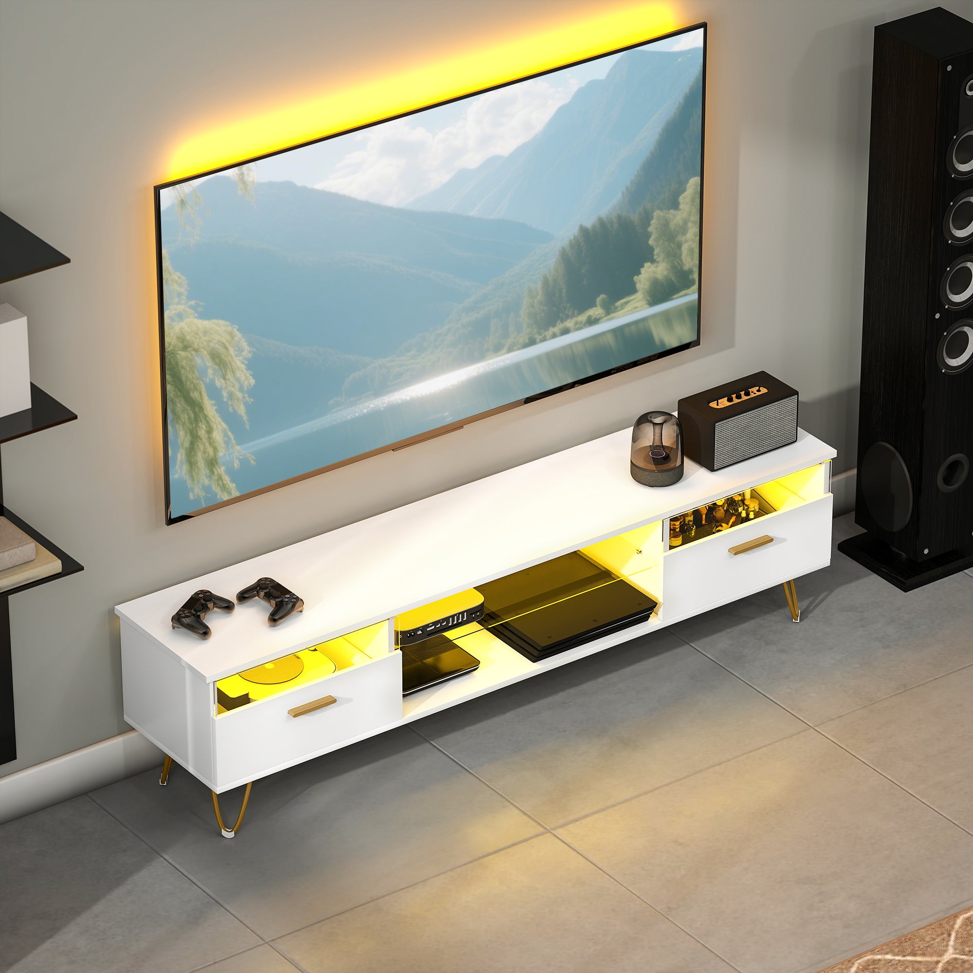 Meuble TV avec LED RGB de 16 couleurs meuble télé pour téléviseur jusqu'à 42 à 120 pouces avec 2 tiroirs et étagère ouverte, banc TV moderne pour salon chambre à coucher, 160x35x42cm, blanc