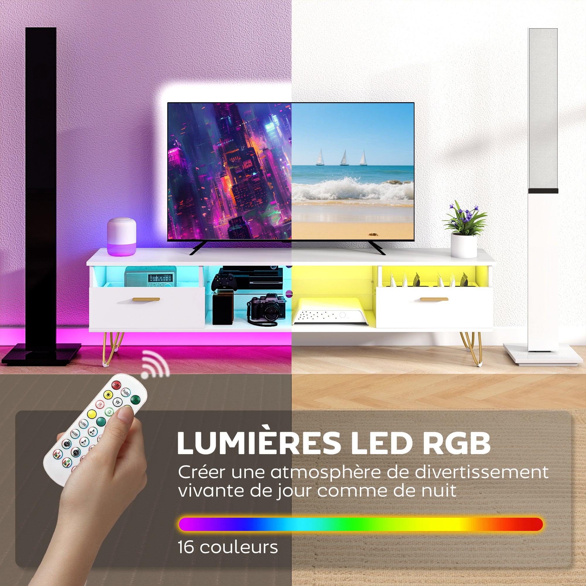 Meuble TV avec LED RGB de 16 couleurs meuble télé pour téléviseur jusqu'à 42 à 120 pouces avec 2 tiroirs et étagère ouverte, banc TV moderne pour salon chambre à coucher, 160x35x42cm, blanc
