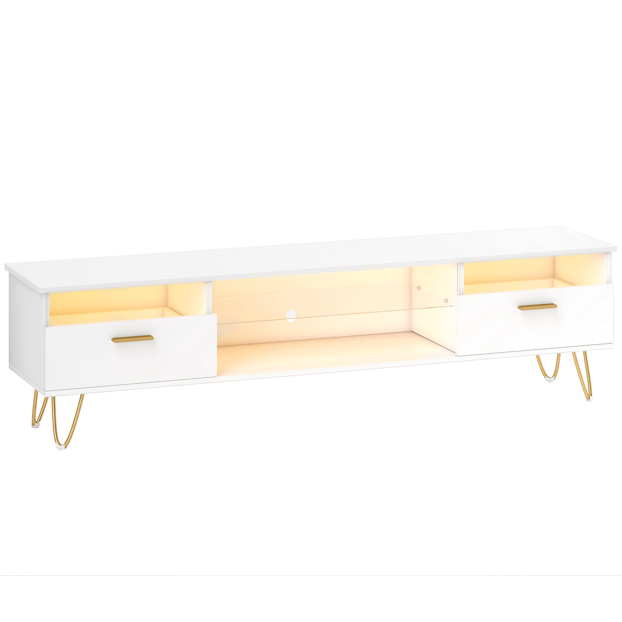 Meuble TV avec LED RGB de 16 couleurs meuble télé pour téléviseur jusqu'à 42 à 120 pouces avec 2 tiroirs et étagère ouverte, banc TV moderne pour salon chambre à coucher, 160x35x42cm, blanc