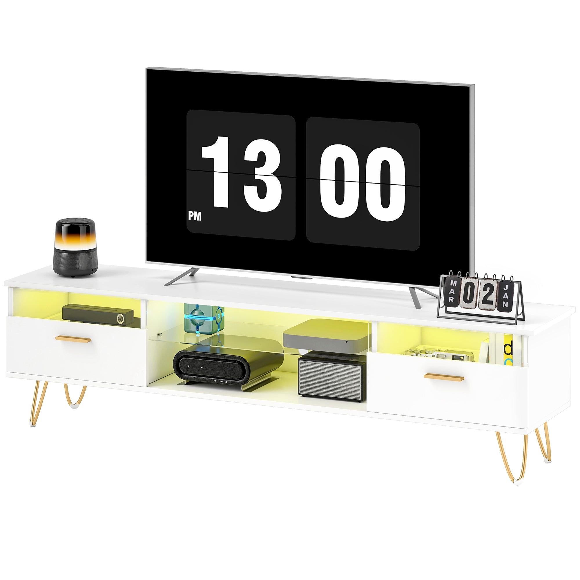 Meuble TV avec LED RGB de 16 couleurs meuble télé pour téléviseur jusqu'à 42 à 120 pouces avec 2 tiroirs et étagère ouverte, banc TV moderne pour salon chambre à coucher, 160x35x42cm, blanc
