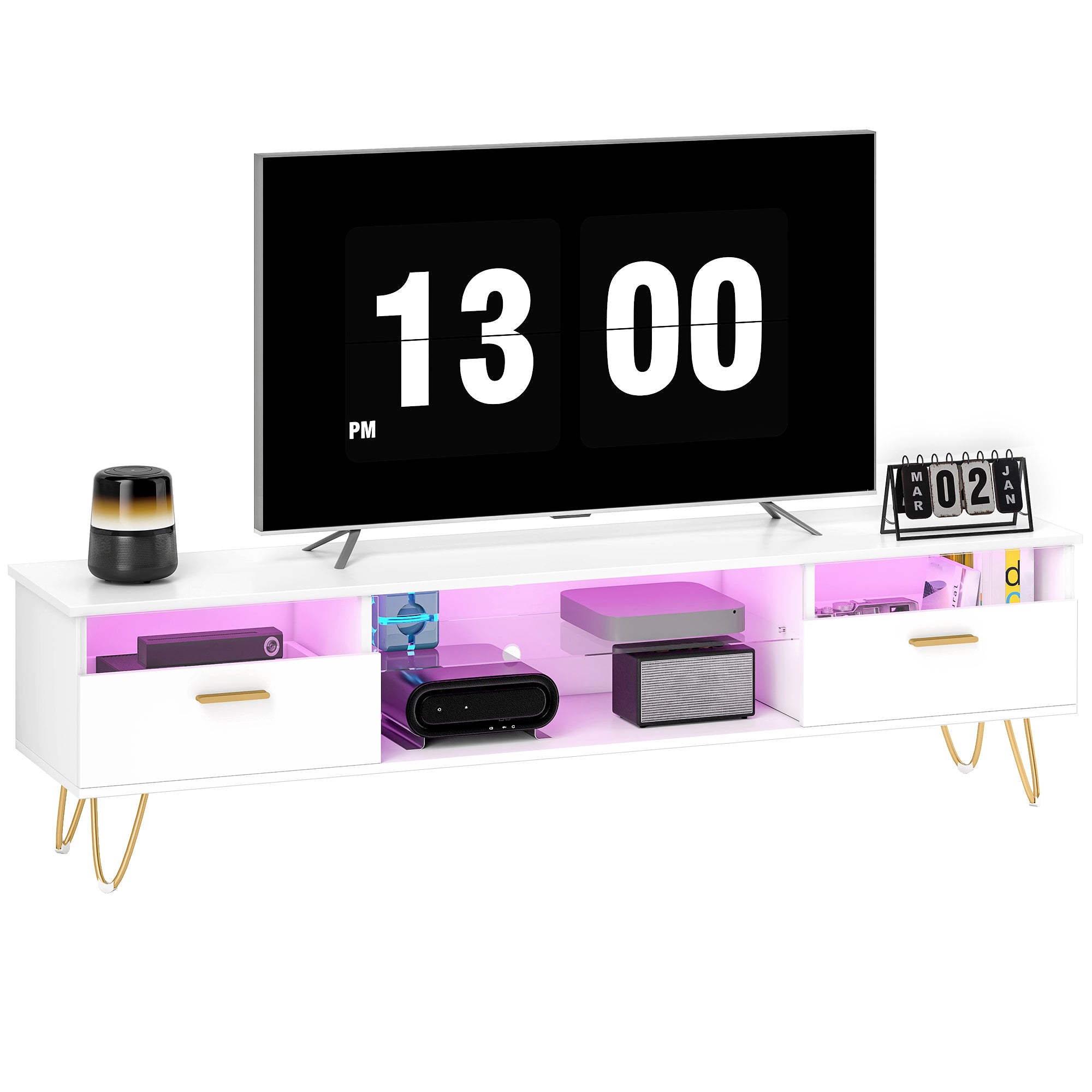 Meuble TV avec LED RGB de 16 couleurs meuble télé pour téléviseur jusqu'à 42 à 120 pouces avec 2 tiroirs et étagère ouverte, banc TV moderne pour salon chambre à coucher, 160x35x42cm, blanc