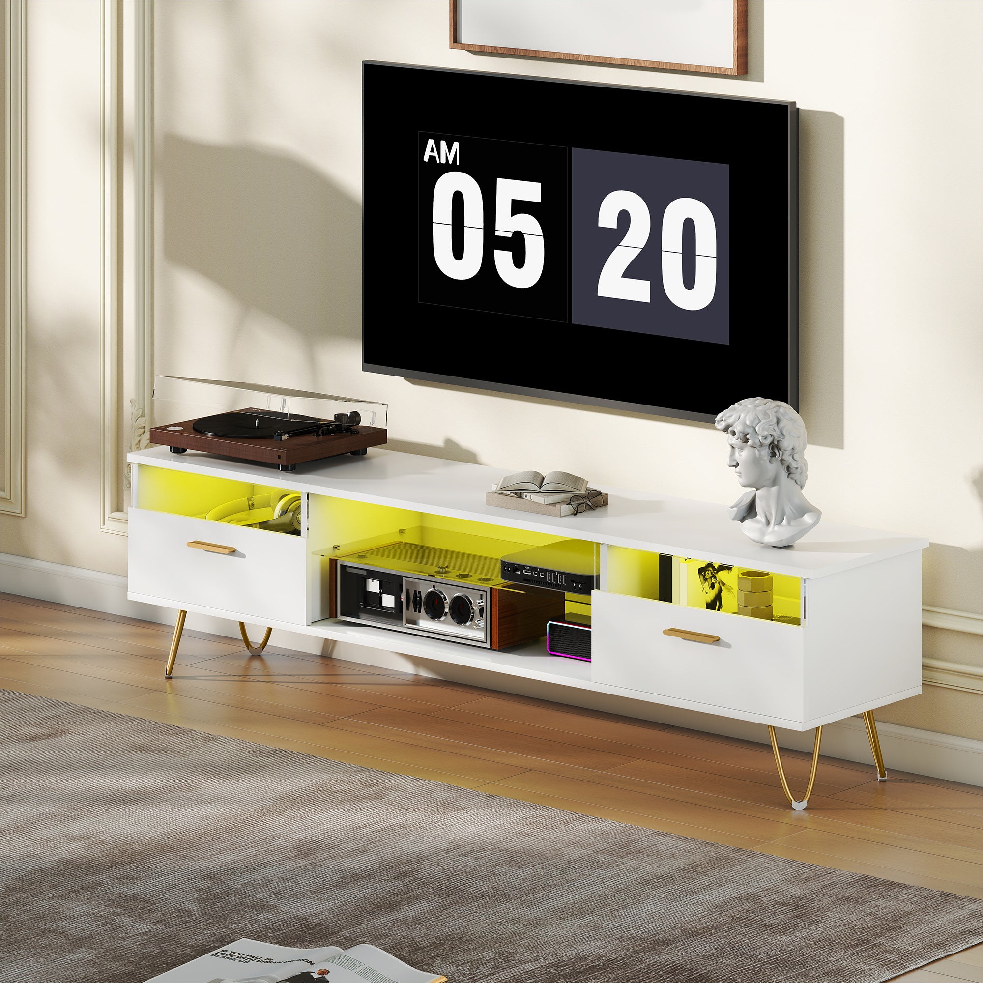 Meuble TV avec LED RGB de 16 couleurs meuble télé pour téléviseur jusqu'à 42 à 120 pouces avec 2 tiroirs et étagère ouverte, banc TV moderne pour salon chambre à coucher, 160x35x42cm, blanc