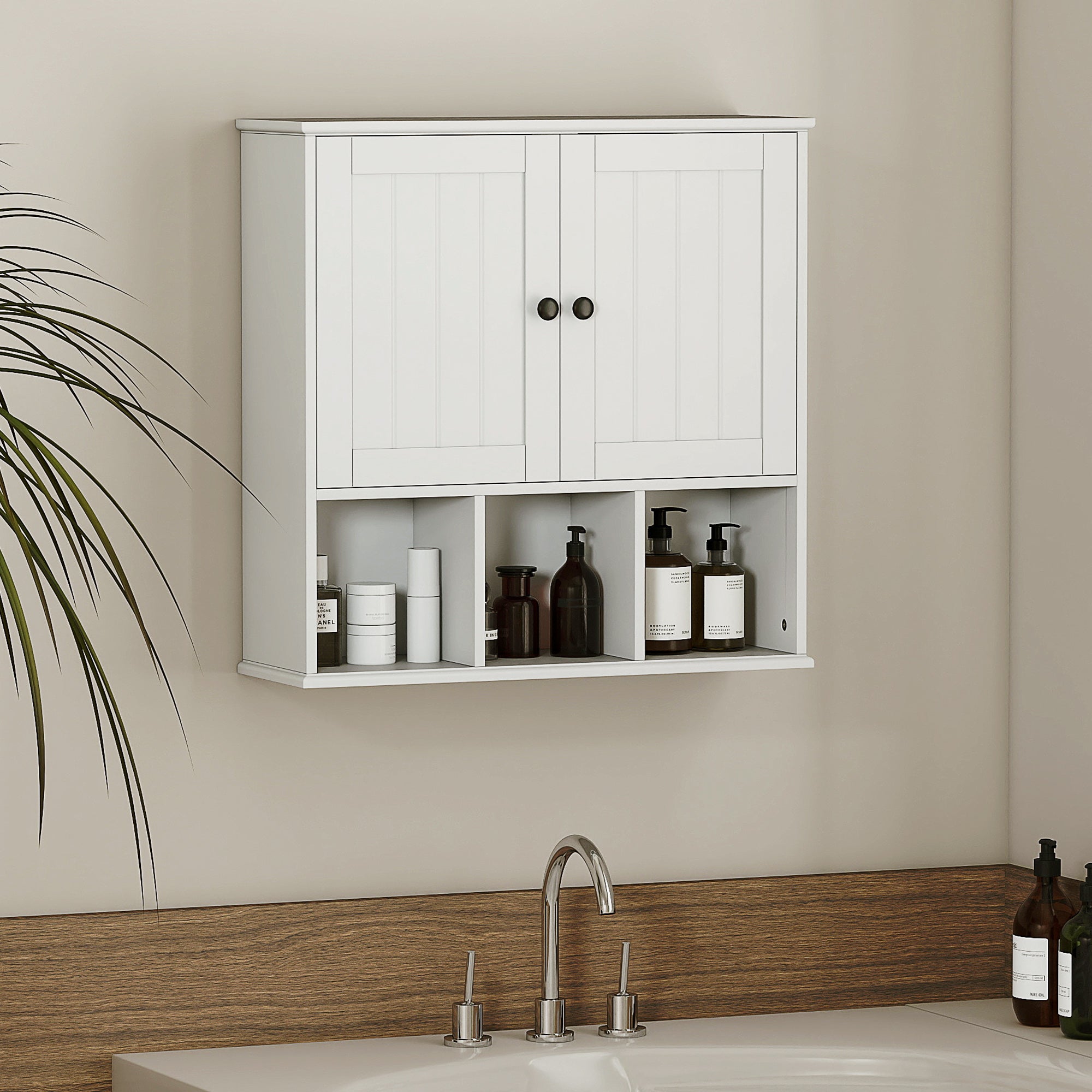 Armoire murale de salle de bain, meuble de rangement suspendu pour salle de bains avec 2 portes, étagère réglable et compartiments ouverts, meuble WC suspendu, 60 x 19,5 x 60 cm, blanc