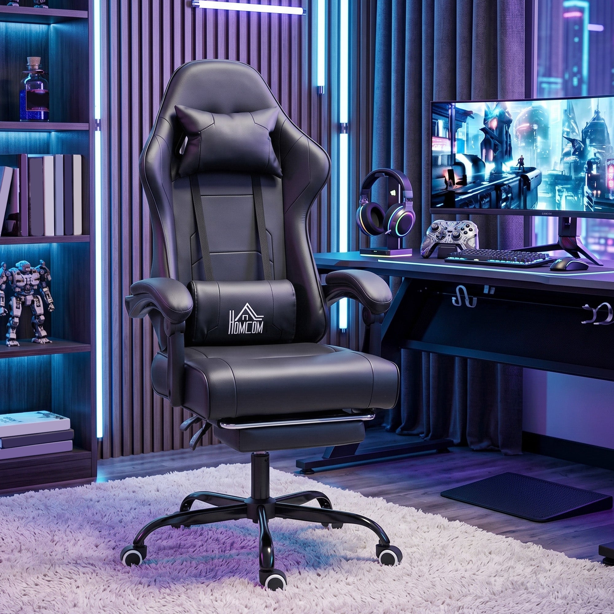 Chaise gaming ergonomique, fauteuil gamer avec support lombaire massant, dossier inclinable, hauteur réglable, repose-pieds, appui-tête, 63 x 66 x 126-134 cm, noir