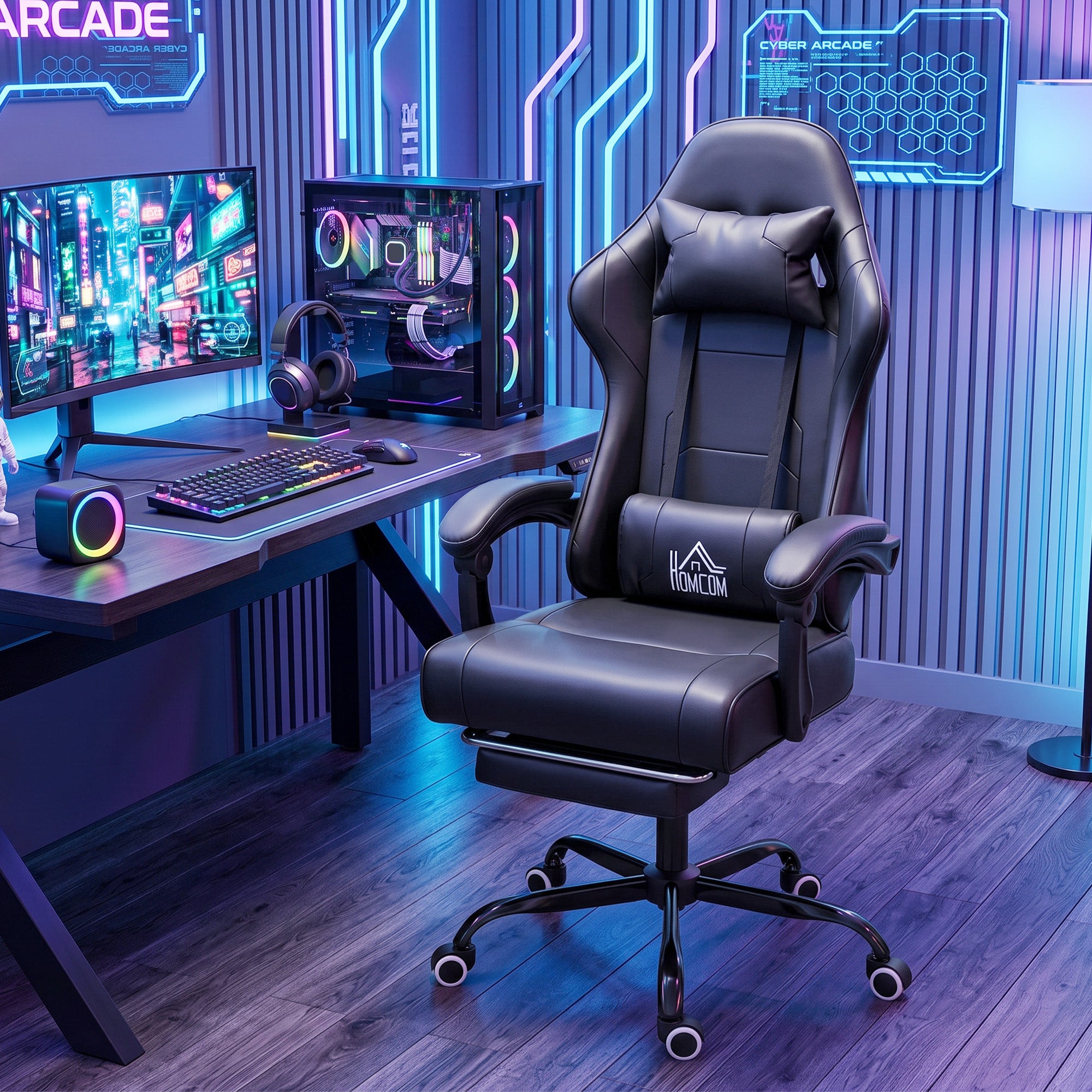 Chaise gaming ergonomique, fauteuil gamer avec support lombaire massant, dossier inclinable, hauteur réglable, repose-pieds, appui-tête, 63 x 66 x 126-134 cm, noir