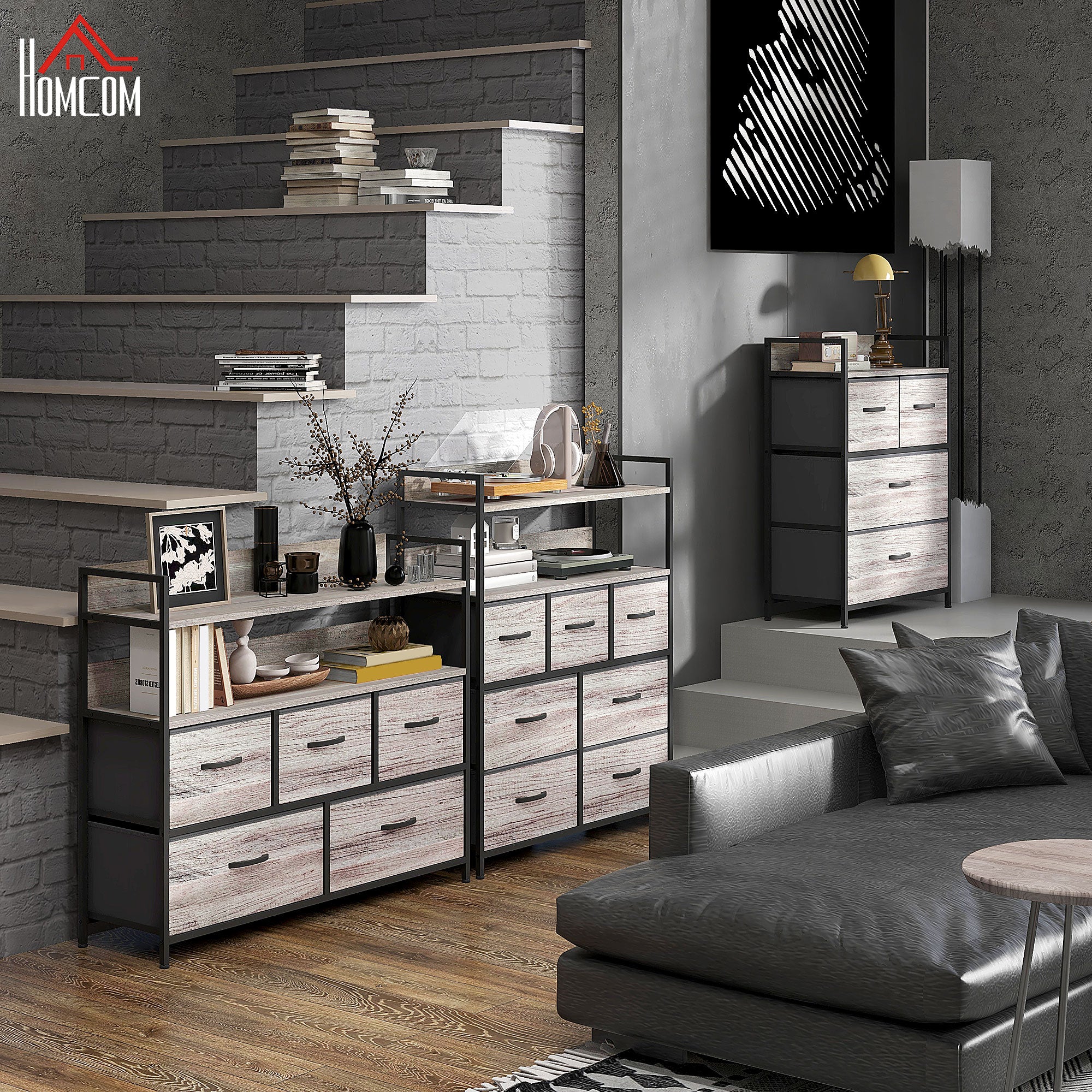Commode chambre meuble de rangement commode 7 tiroirs en tissu pliables et amovibles avec étagères ouvertes et cadre en acier, chiffonnier pour salon, chambre, entrée, gris