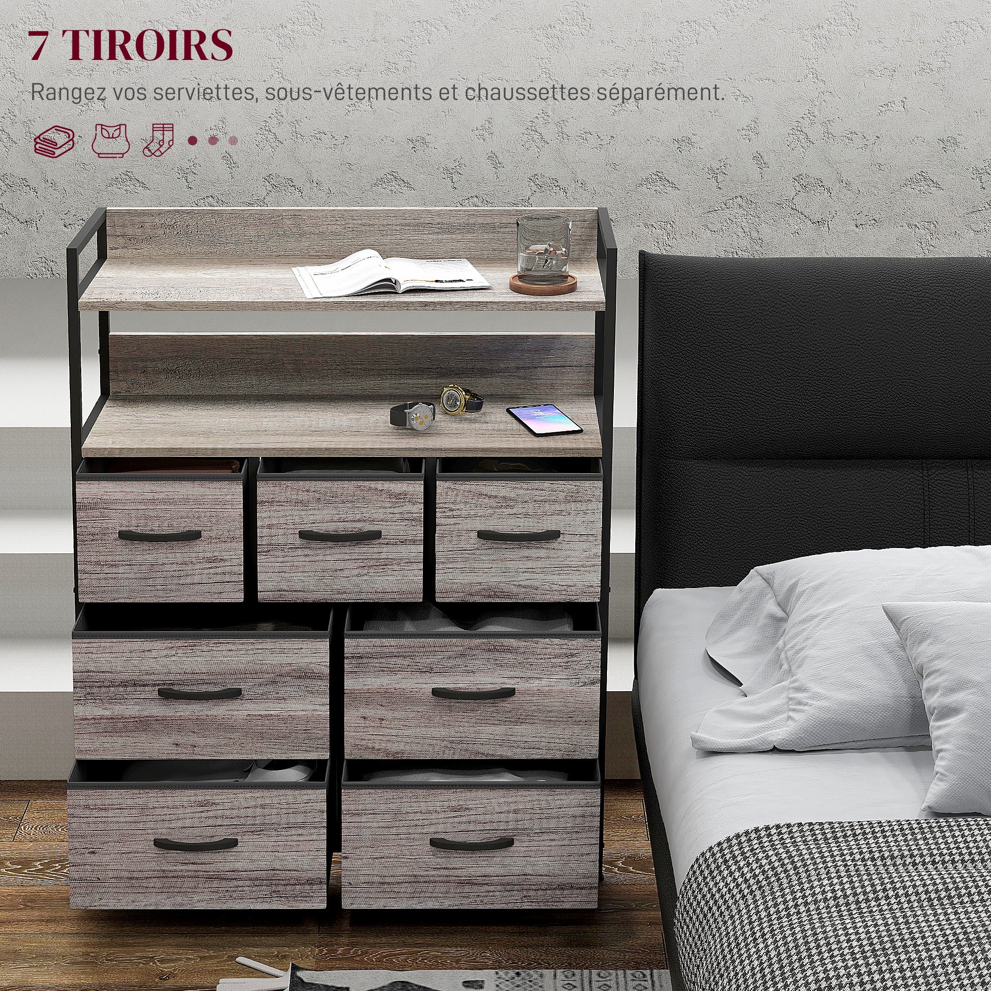 Commode chambre meuble de rangement commode 7 tiroirs en tissu pliables et amovibles avec étagères ouvertes et cadre en acier, chiffonnier pour salon, chambre, entrée, gris