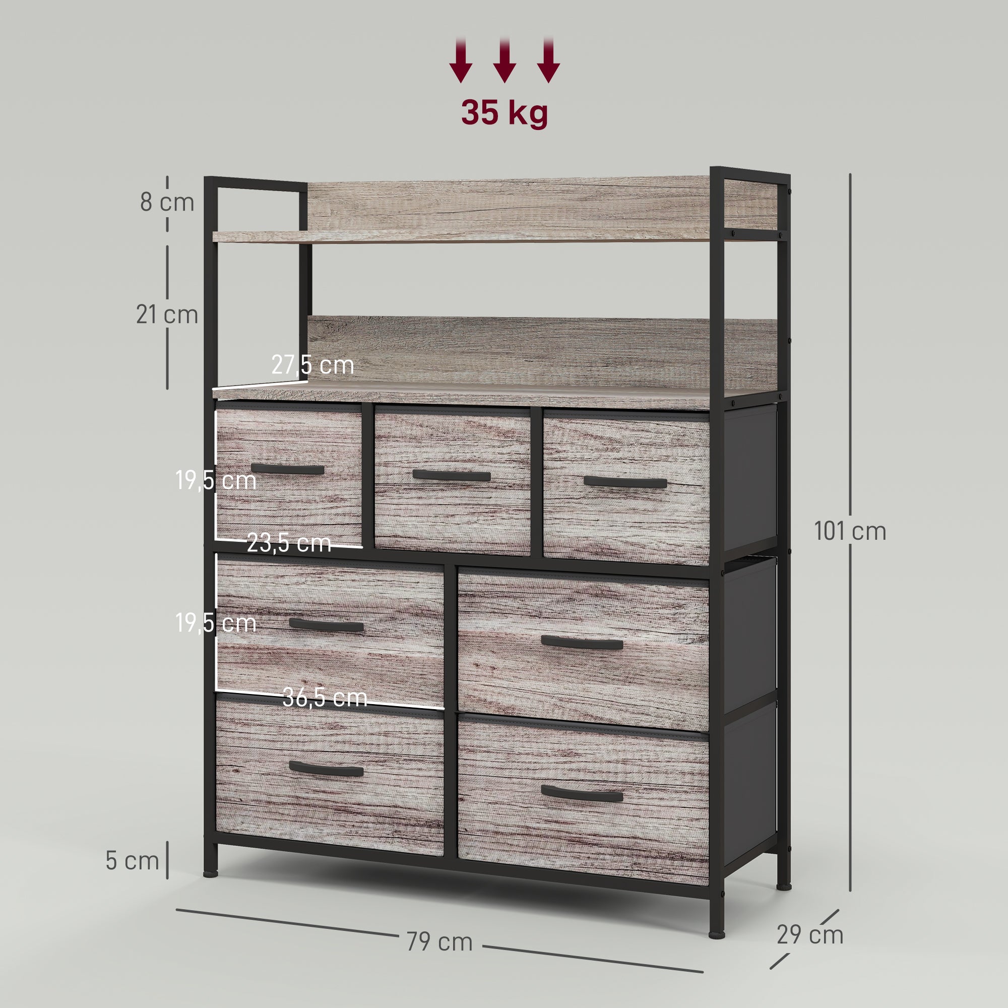 Commode chambre meuble de rangement commode 7 tiroirs en tissu pliables et amovibles avec étagères ouvertes et cadre en acier, chiffonnier pour salon, chambre, entrée, gris