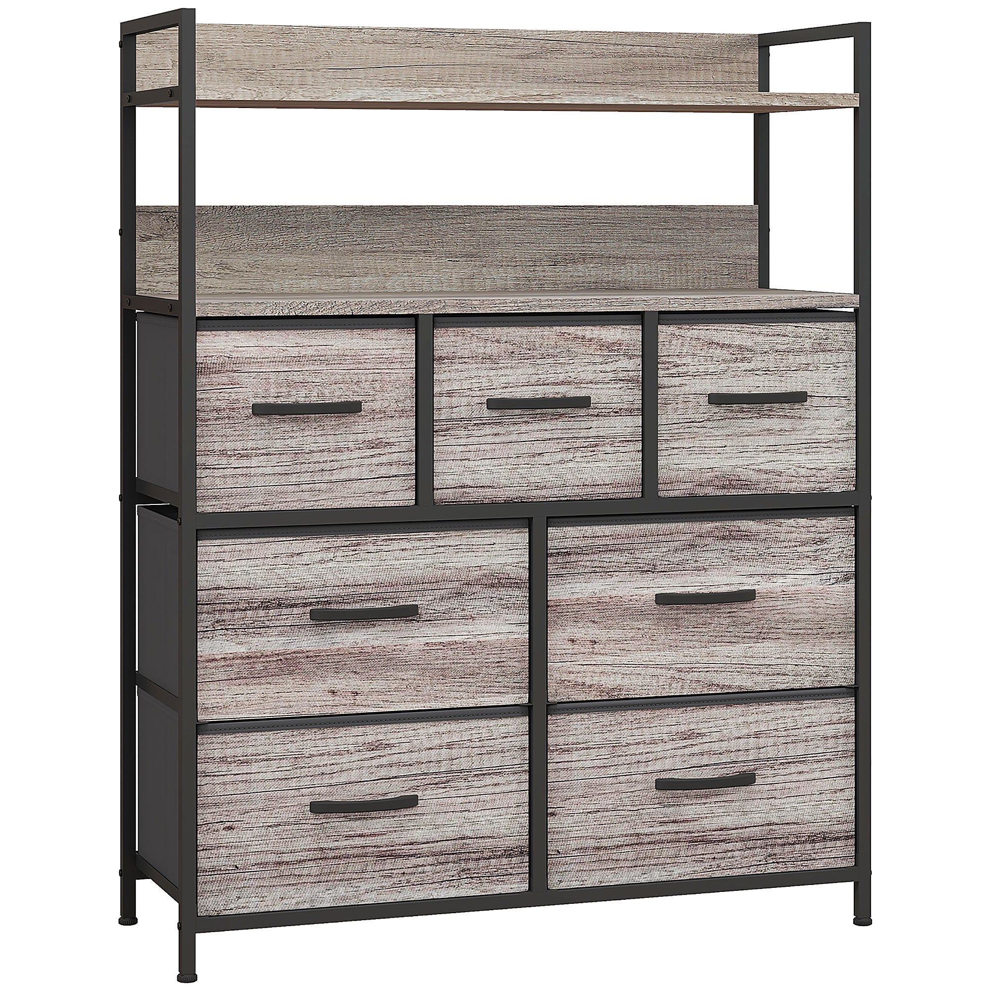 Commode chambre meuble de rangement commode 7 tiroirs en tissu pliables et amovibles avec étagères ouvertes et cadre en acier, chiffonnier pour salon, chambre, entrée, gris