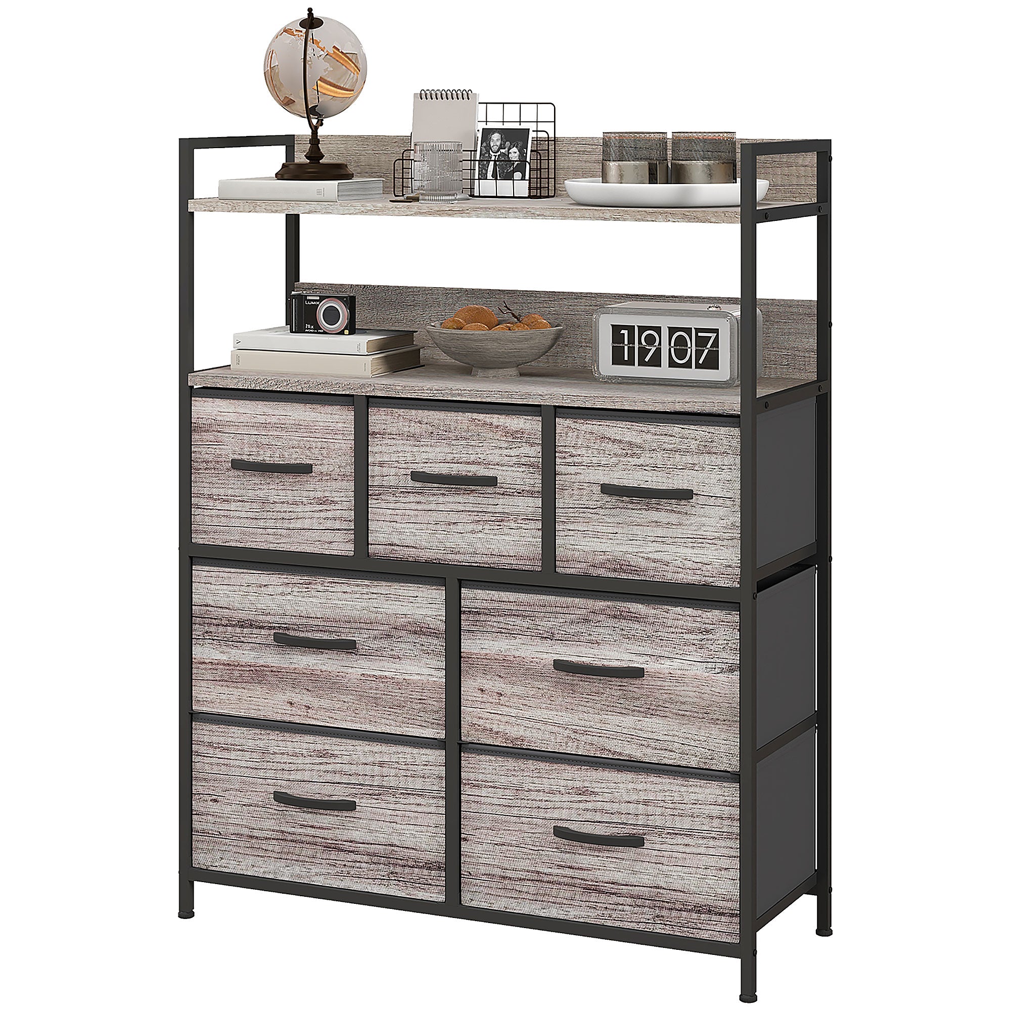 Commode chambre meuble de rangement commode 7 tiroirs en tissu pliables et amovibles avec étagères ouvertes et cadre en acier, chiffonnier pour salon, chambre, entrée, gris