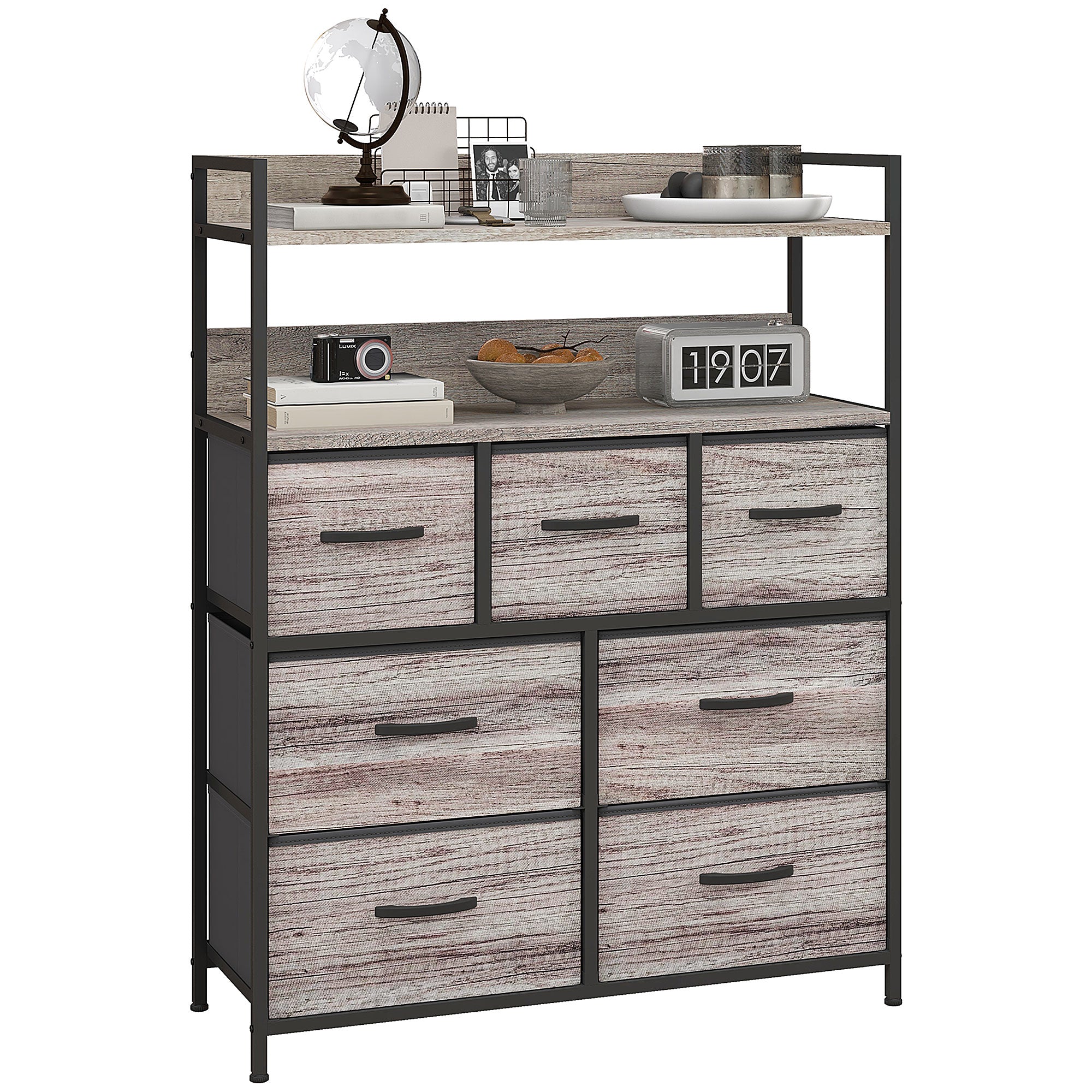 Commode chambre meuble de rangement commode 7 tiroirs en tissu pliables et amovibles avec étagères ouvertes et cadre en acier, chiffonnier pour salon, chambre, entrée, gris