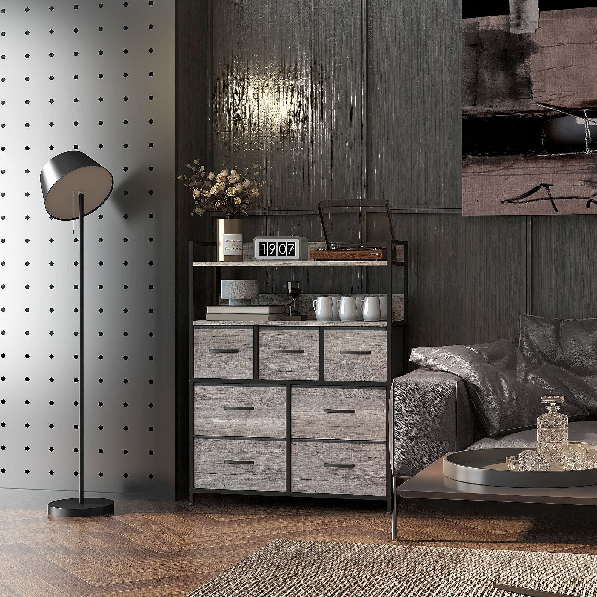 Commode chambre meuble de rangement commode 7 tiroirs en tissu pliables et amovibles avec étagères ouvertes et cadre en acier, chiffonnier pour salon, chambre, entrée, gris