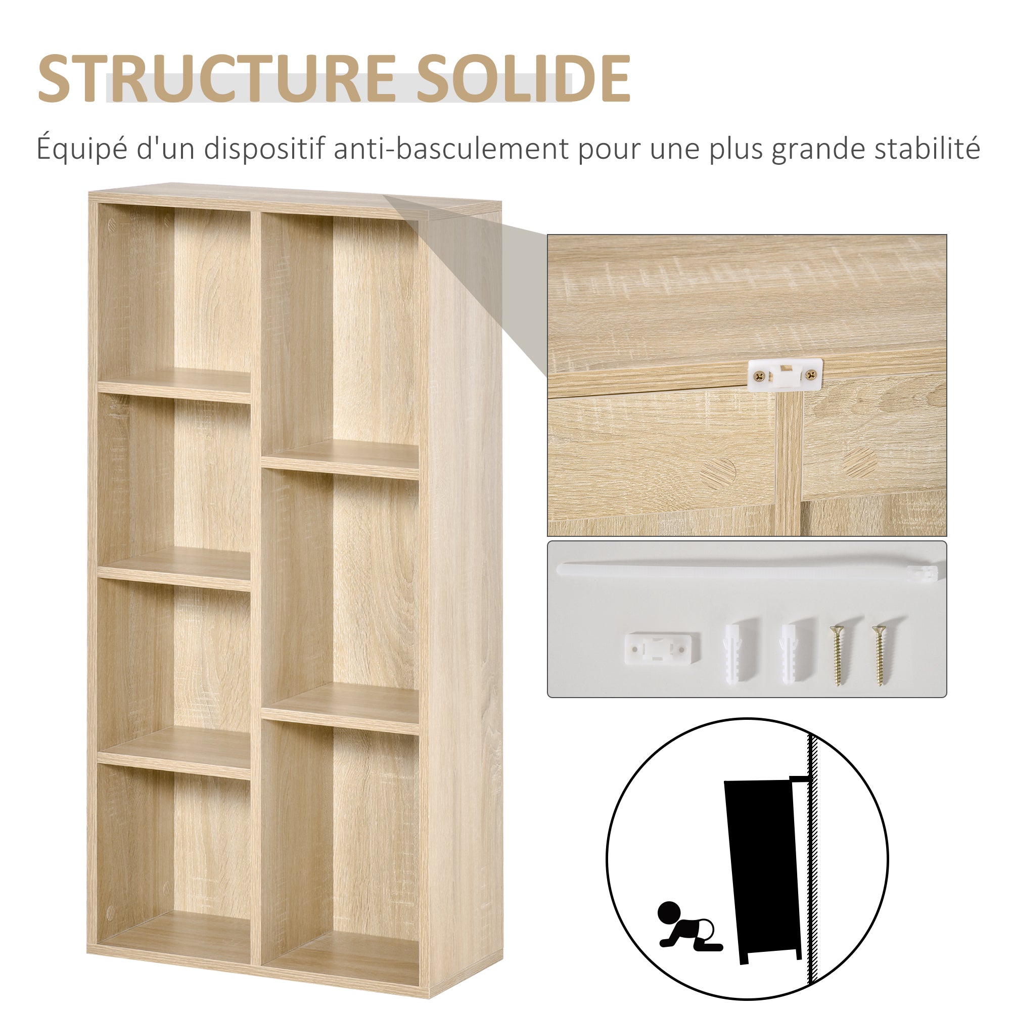 Bibliothèque meuble de rangement étagère cube avec 7 compartiments pour salon, chambre, bureau - 50l x 24P x 106H cm, bois naturel