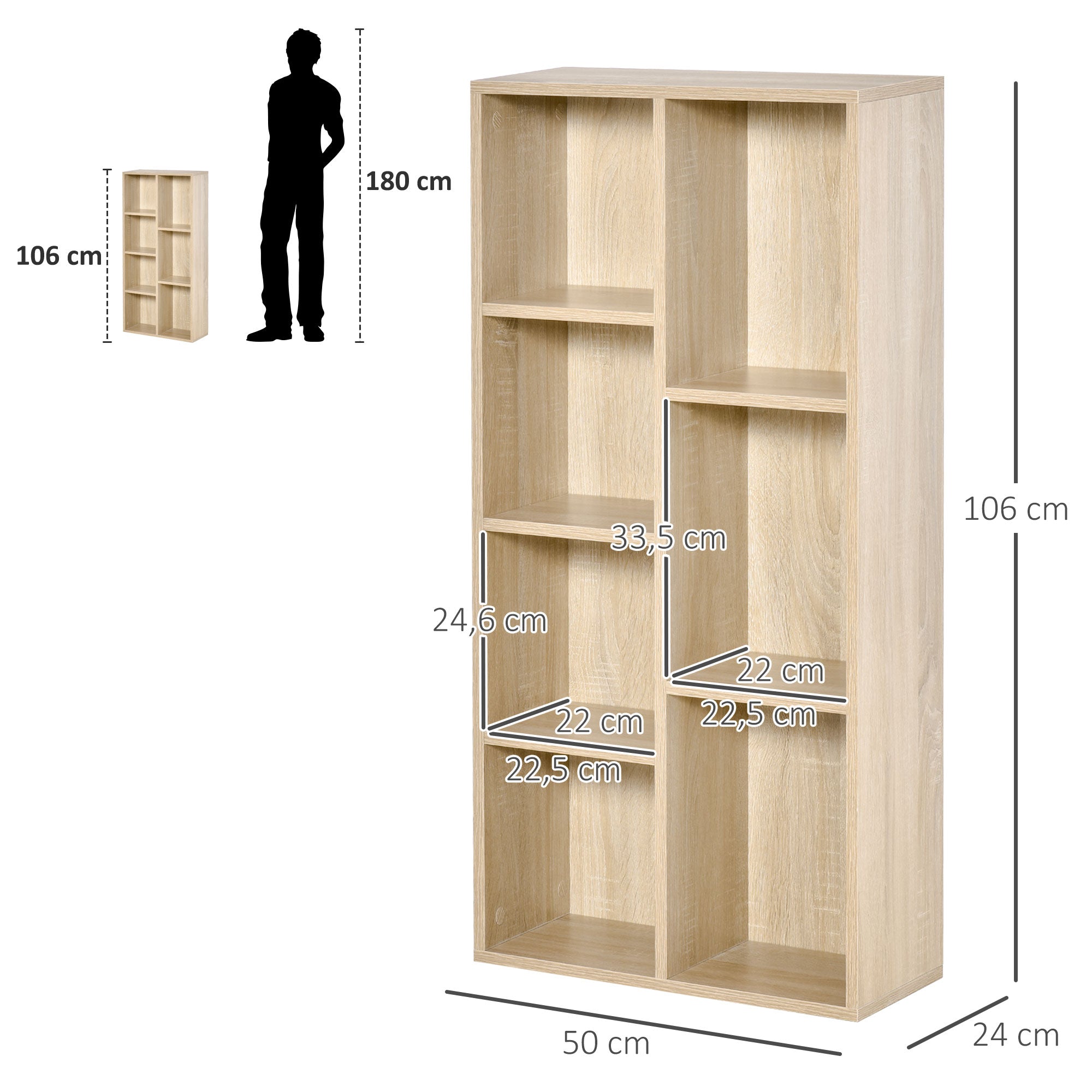 Bibliothèque meuble de rangement étagère cube avec 7 compartiments pour salon, chambre, bureau - 50l x 24P x 106H cm, bois naturel