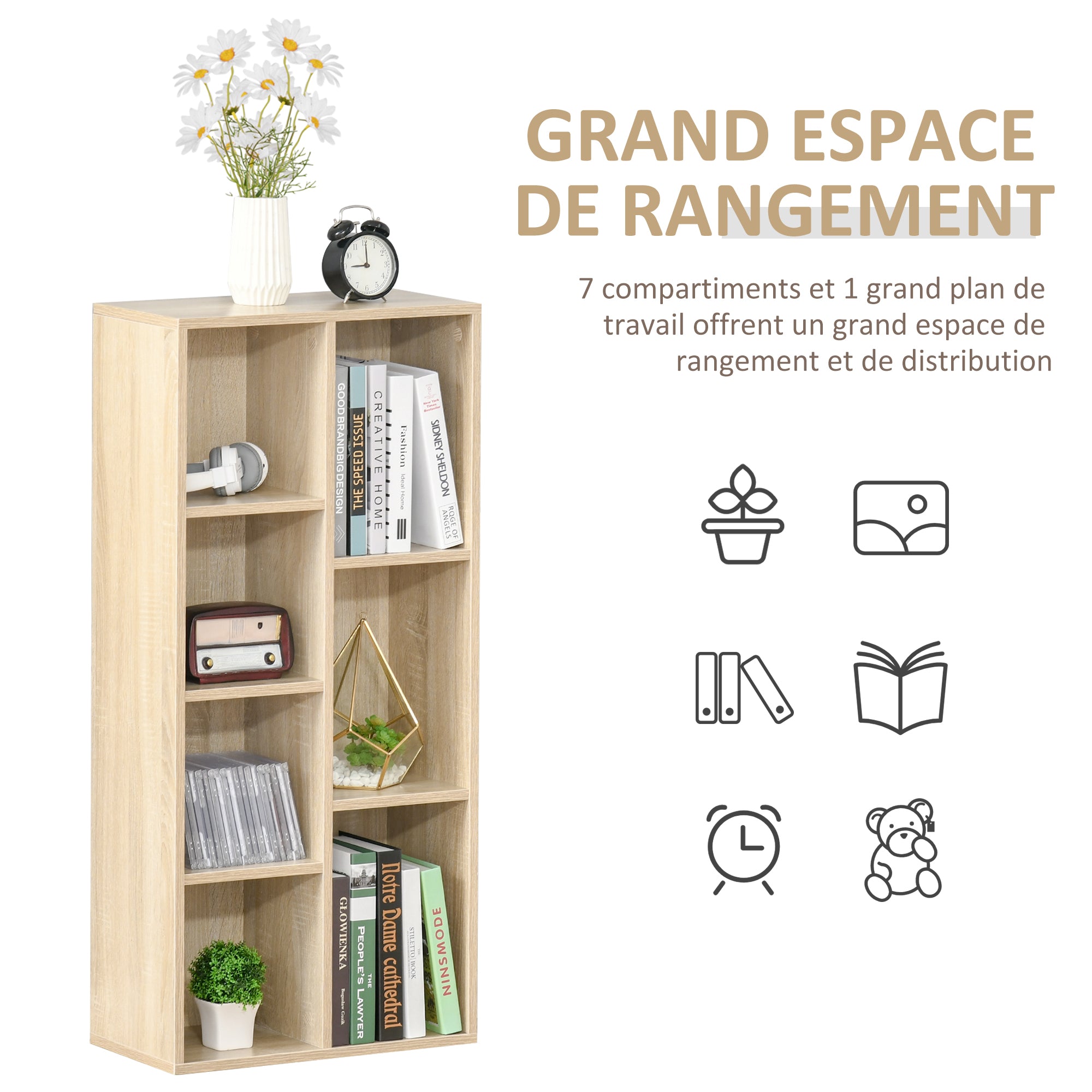 Bibliothèque meuble de rangement étagère cube avec 7 compartiments pour salon, chambre, bureau - 50l x 24P x 106H cm, bois naturel