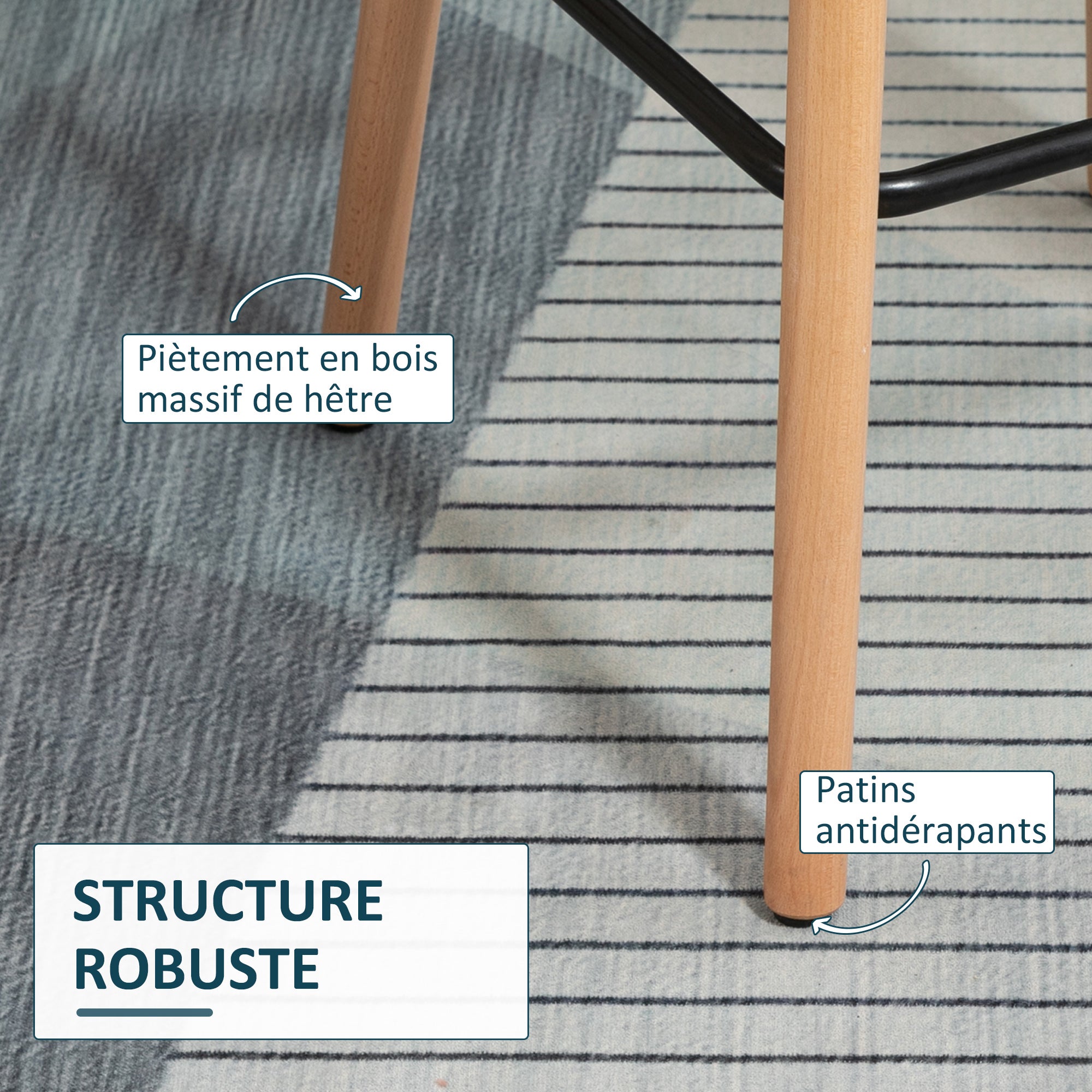 Tabourets de Bar Design scandinave - Lot de 2 tabourets de Bar Grand Confort avec Repose-Pieds et accoudoirs - Bois massif Lin bleu