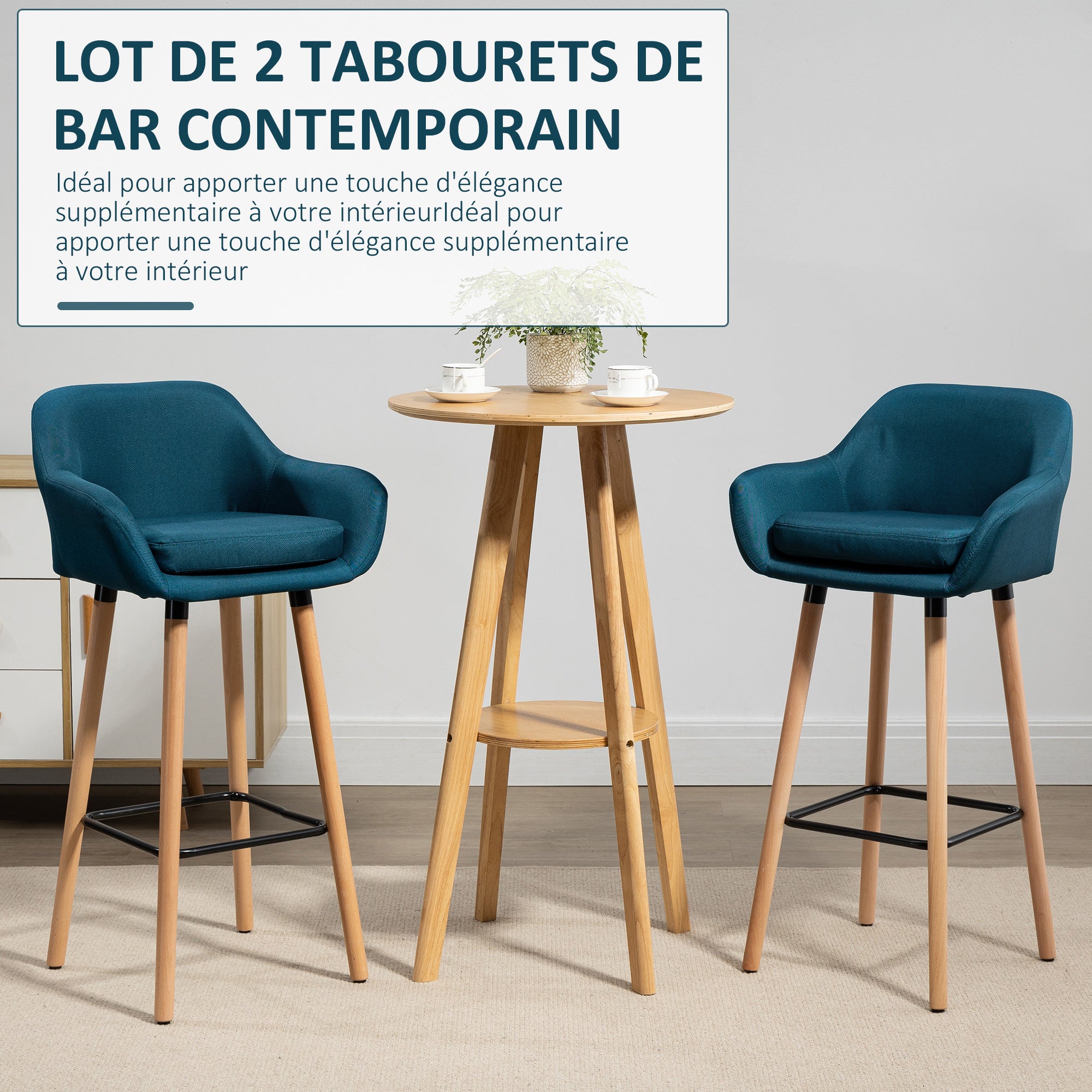 Tabourets de Bar Design scandinave - Lot de 2 tabourets de Bar Grand Confort avec Repose-Pieds et accoudoirs - Bois massif Lin bleu