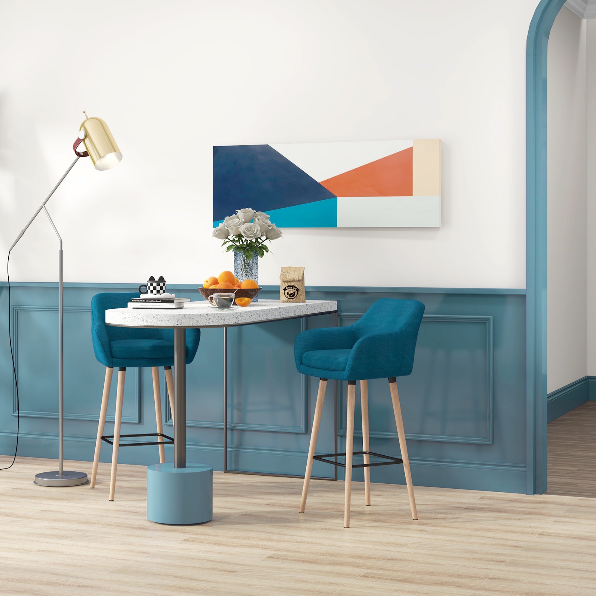 Tabourets de Bar Design scandinave - Lot de 2 tabourets de Bar Grand Confort avec Repose-Pieds et accoudoirs - Bois massif Lin bleu