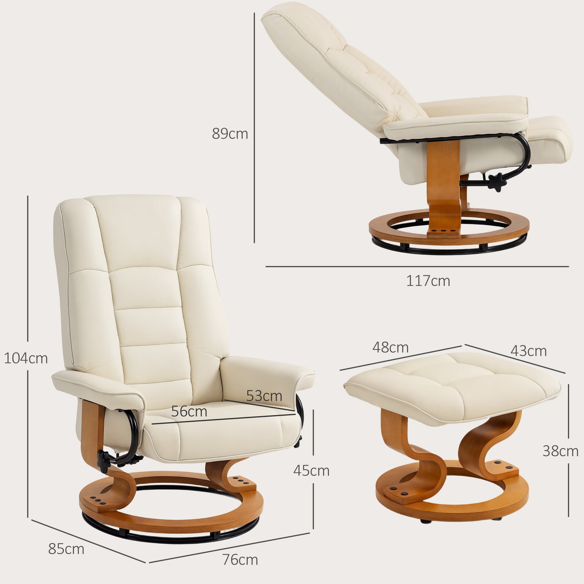 Fauteuil de relaxation inclinable avec repose-pied fauteuil relax de salon pivotant, cadre en bois revêtement synthétique 76 x 85 x 104 cm crème