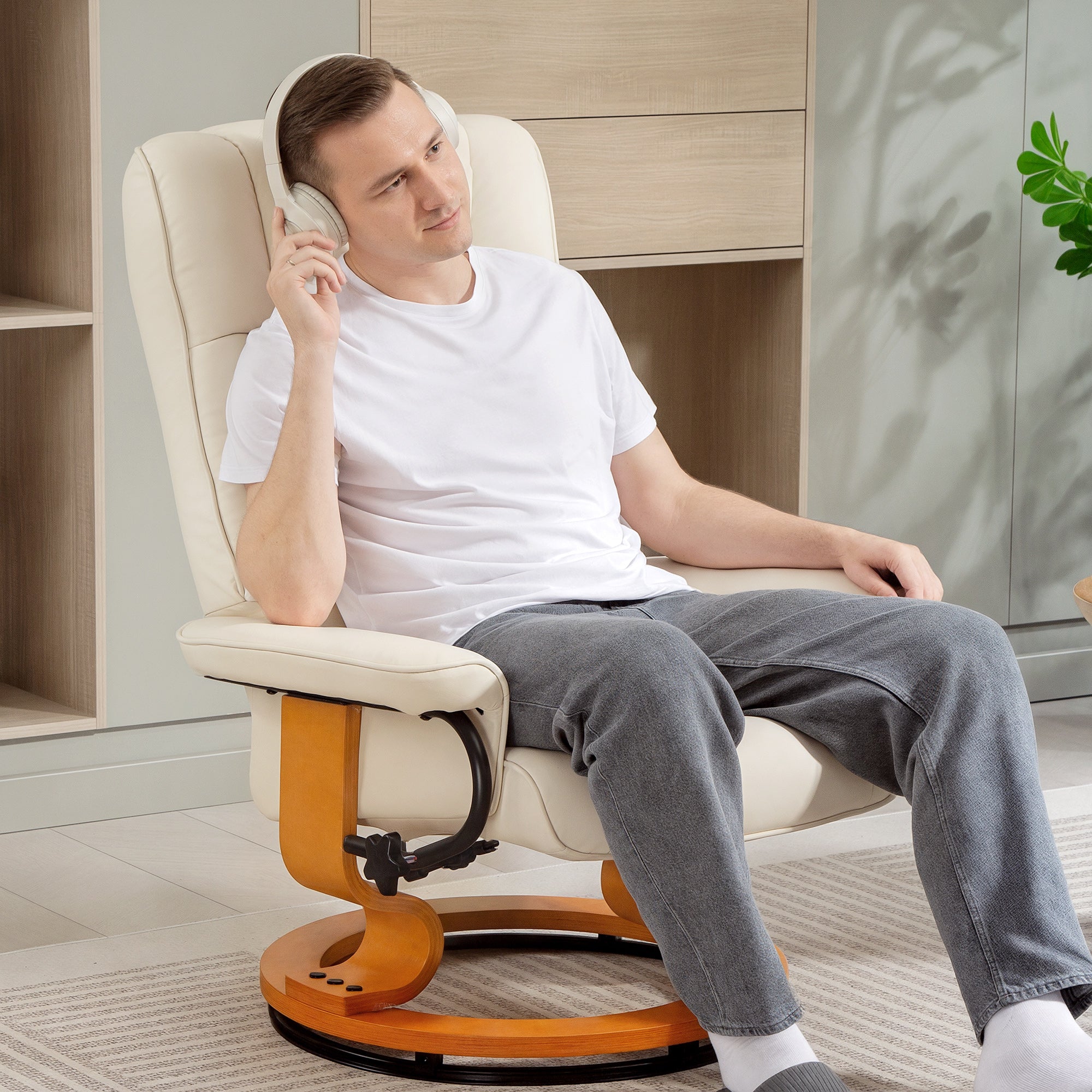 Fauteuil de relaxation inclinable avec repose-pied fauteuil relax de salon pivotant, cadre en bois revêtement synthétique 76 x 85 x 104 cm crème
