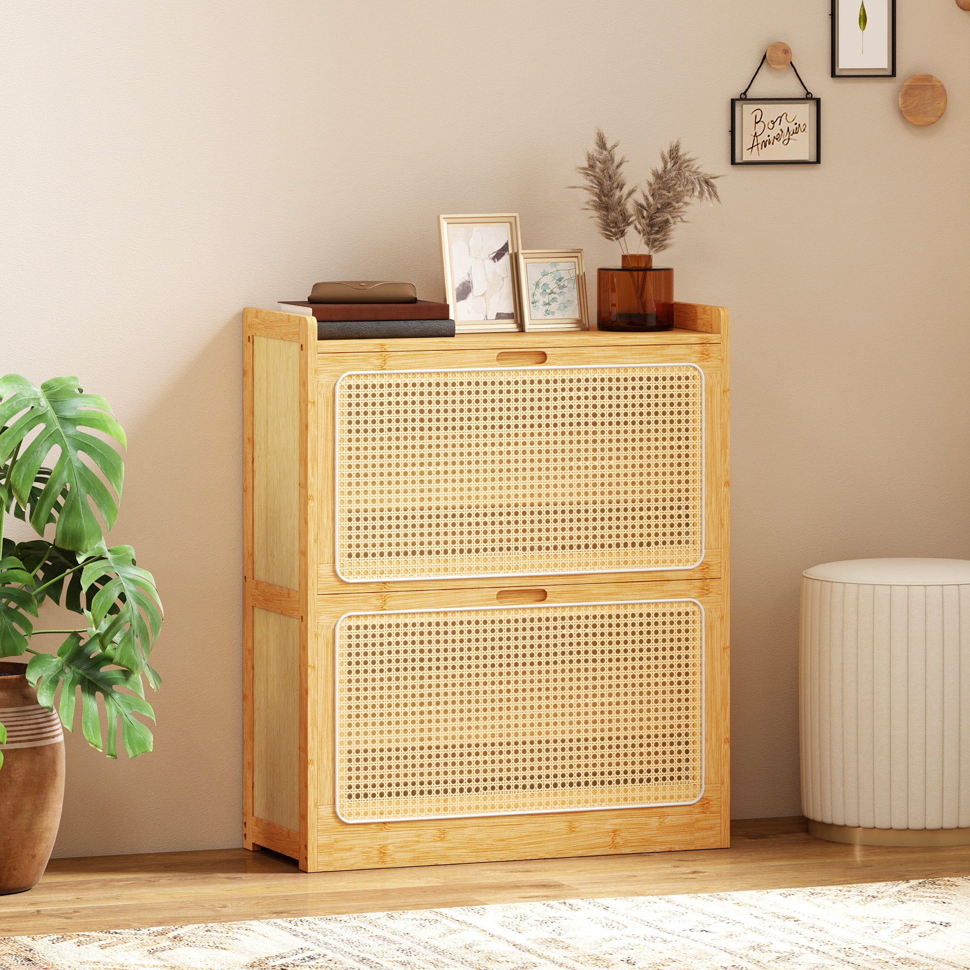 Meuble à chaussures 14 paires en bambou, armoire à chaussures étroite avec 2 tiroirs rabattables et étagères réglables, style bohème, pour couloir, entrée, 69 x 29 x 83 cm, bois naturel