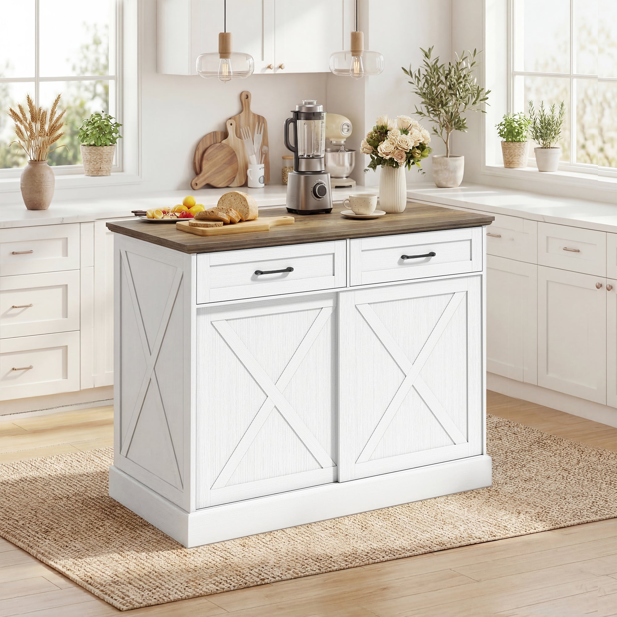 Îlot Central Cuisine, Buffet Cuisine, Meuble de Rangement avec 2 Tiroirs, 2 Portes Coulissantes et Étagère Réglable, Style Rustique, 106,4 x 57 x 92 cm, Blanc et Marron