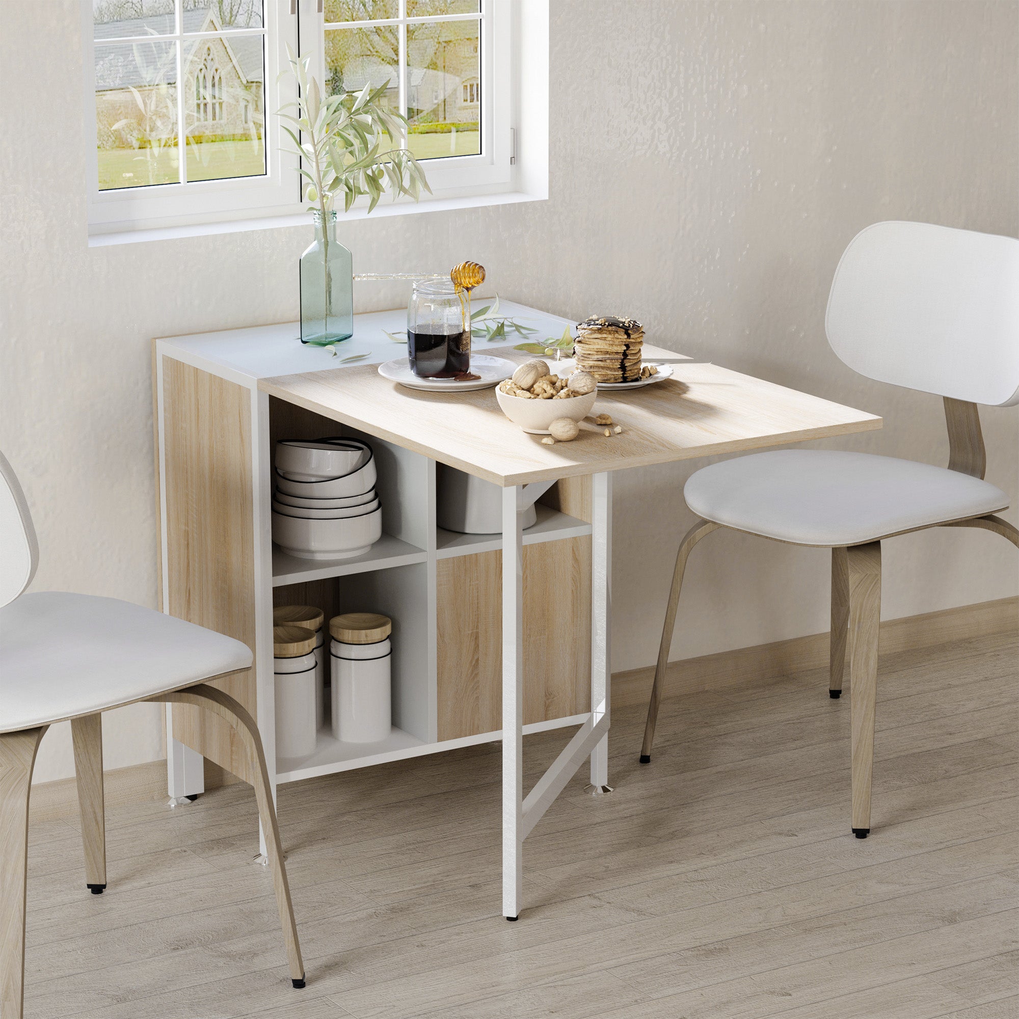 Table pliable de cuisine pour 4 personnes table à manger 4 niches intégrées pour petit espace dim. dépliées 169L x 62l x 75H cm MDF chêne clair acier blanc