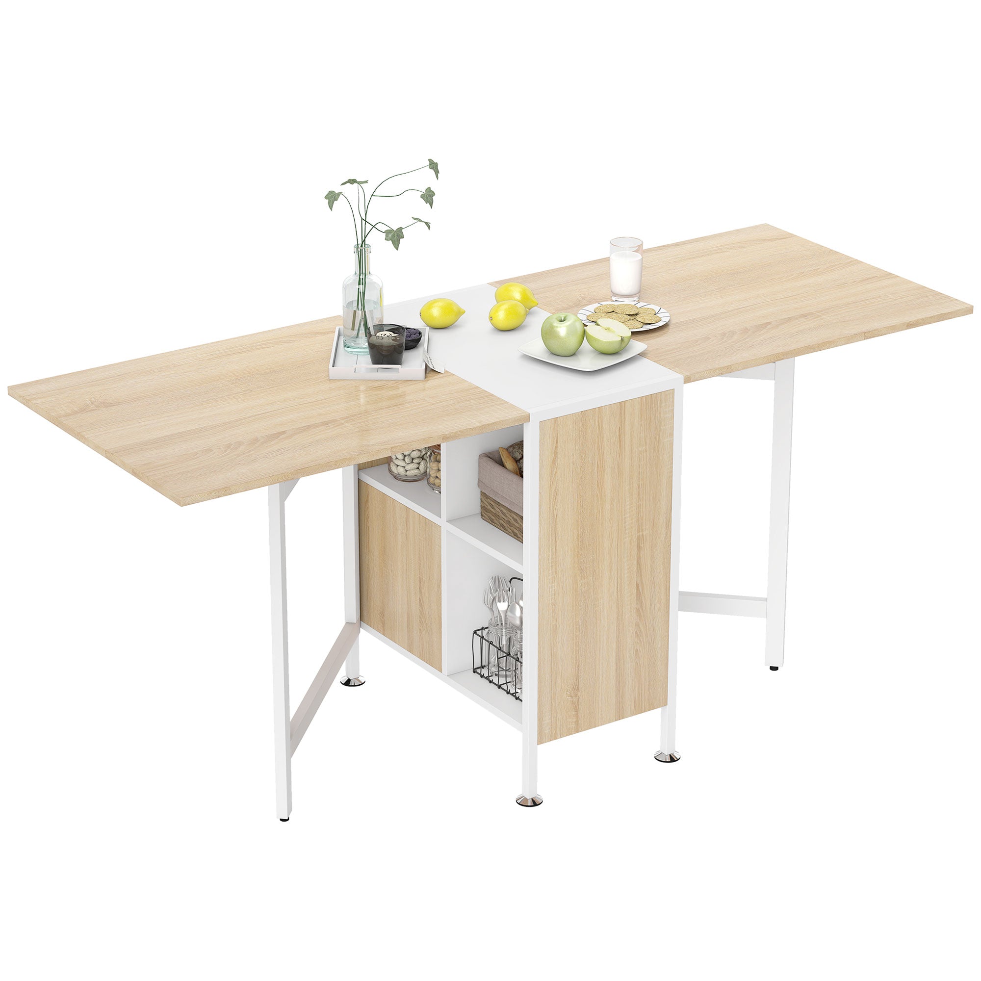 Table pliable de cuisine pour 4 personnes table à manger 4 niches intégrées pour petit espace dim. dépliées 169L x 62l x 75H cm MDF chêne clair acier blanc
